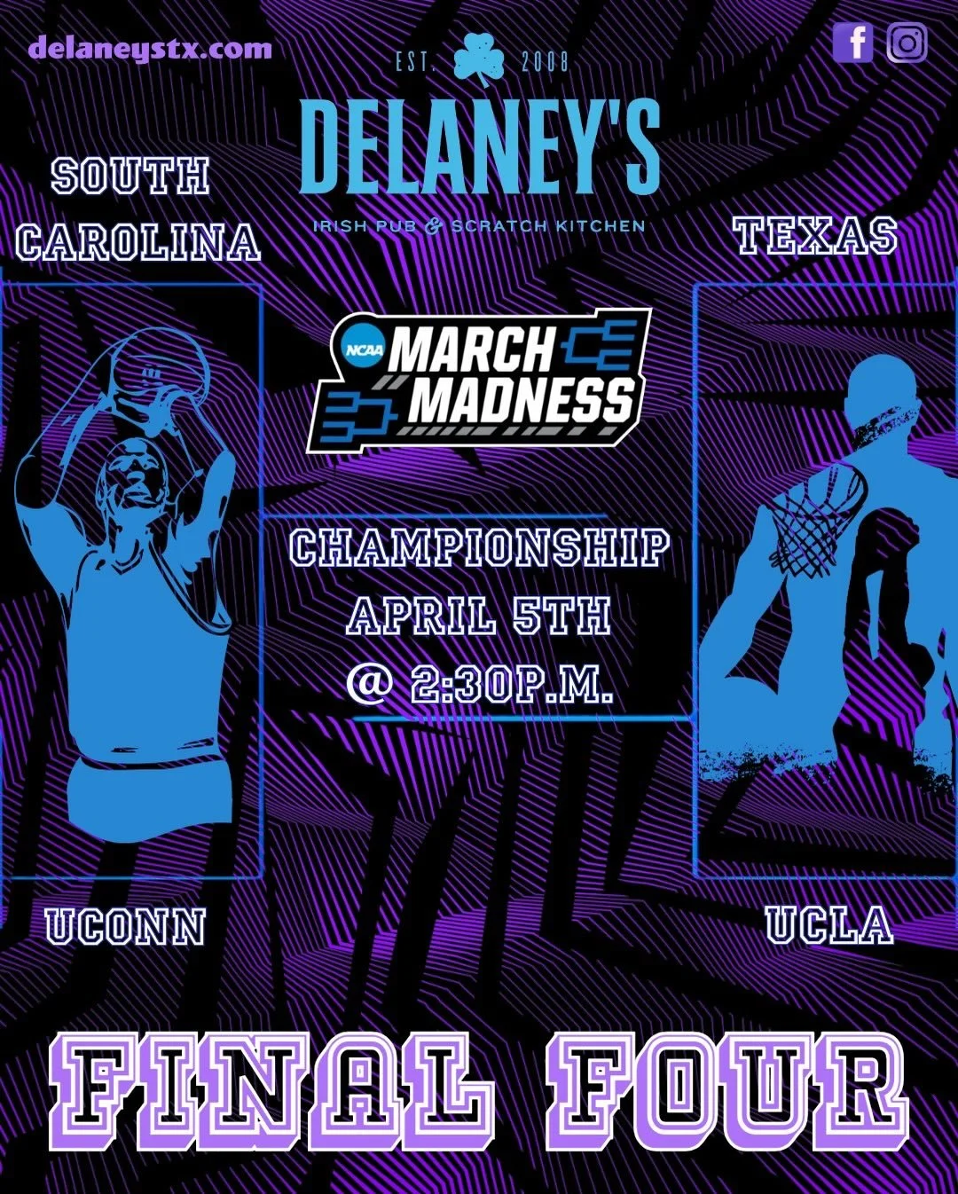 Get ready for Final Four weekend! Tomorrow the women's tournament tips off with all 4 #1 seeds in action, then on Saturday the men take center stage. Catch all the March Madness excitement at Delaney's! #marchmadness #ncaabasketball #delaneysirishpub