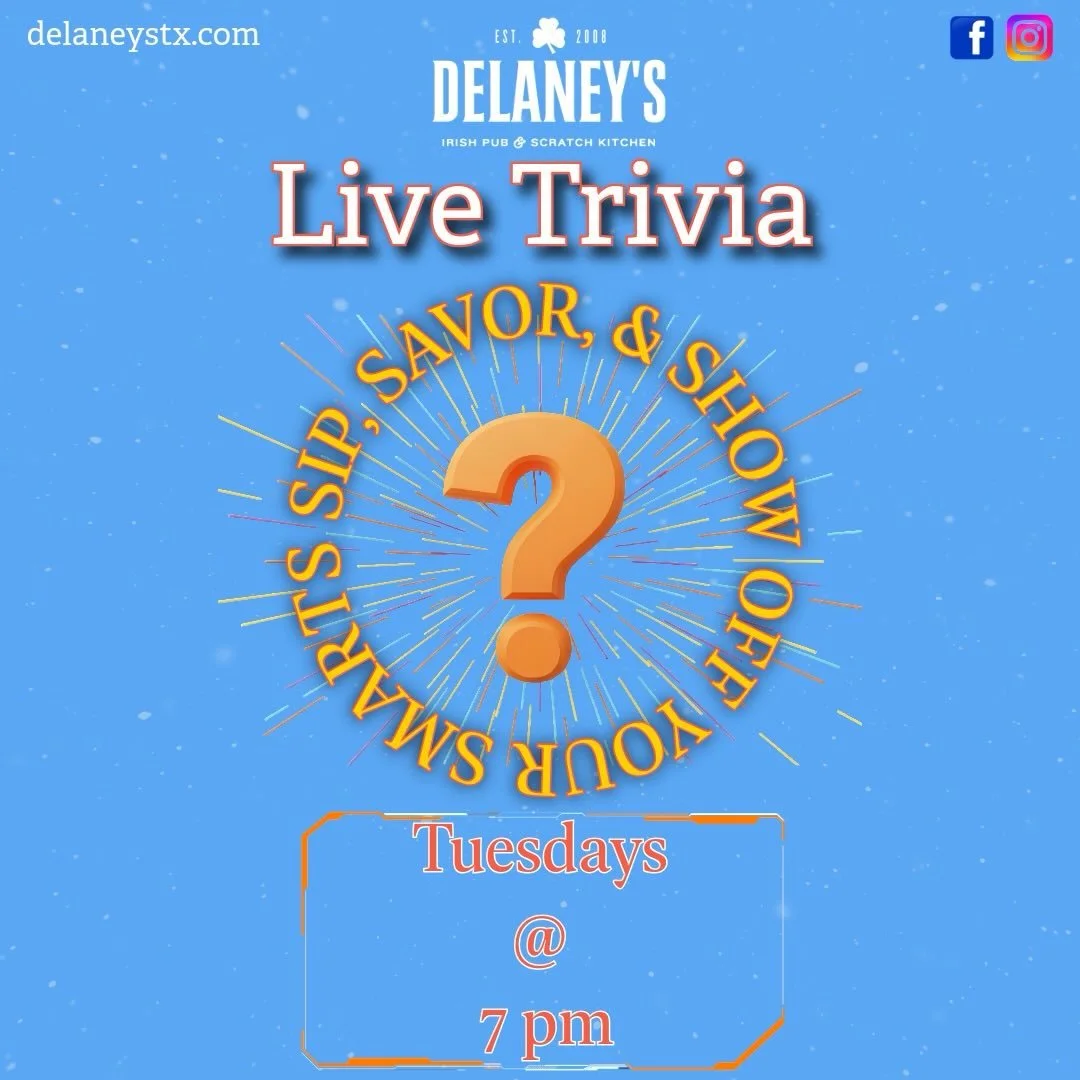Get ready for Trivia Tuesday! Bring your A-team and compete for Delaney's gift cards: 1st place wins $75, 2nd place takes $50, and 3rd place gets $25! #trivia #trivianight #delaneysirishpub #mckinneytx #goodvibes