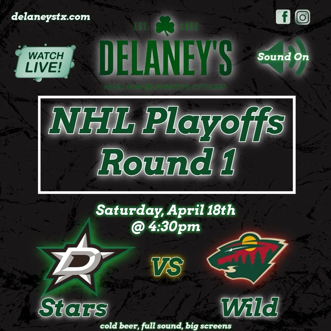 🔥🏒 PLAYOFF HOCKEY. SOUND ON. 🏒🔥

The intensity is cranked all the way up as the Dallas Stars take on the Minnesota Wild in a playoff showdown you don&rsquo;t want to miss.

📍 Delaney&rsquo;s is the place to be
🔊 Game audio ON &ndash; hear every