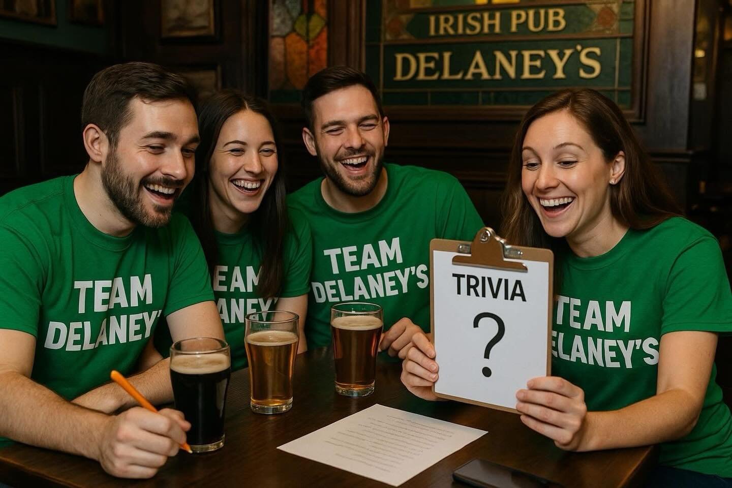 Brains, beers, and bragging rights 🍻🧠 Trivia kicks off tonight at 7PM at Delaney&rsquo;s Irish Pub! Grab your smartest friends, claim your favorite table, and get ready for a night full of laughs, great food, cold drinks, and maybe a little friendl