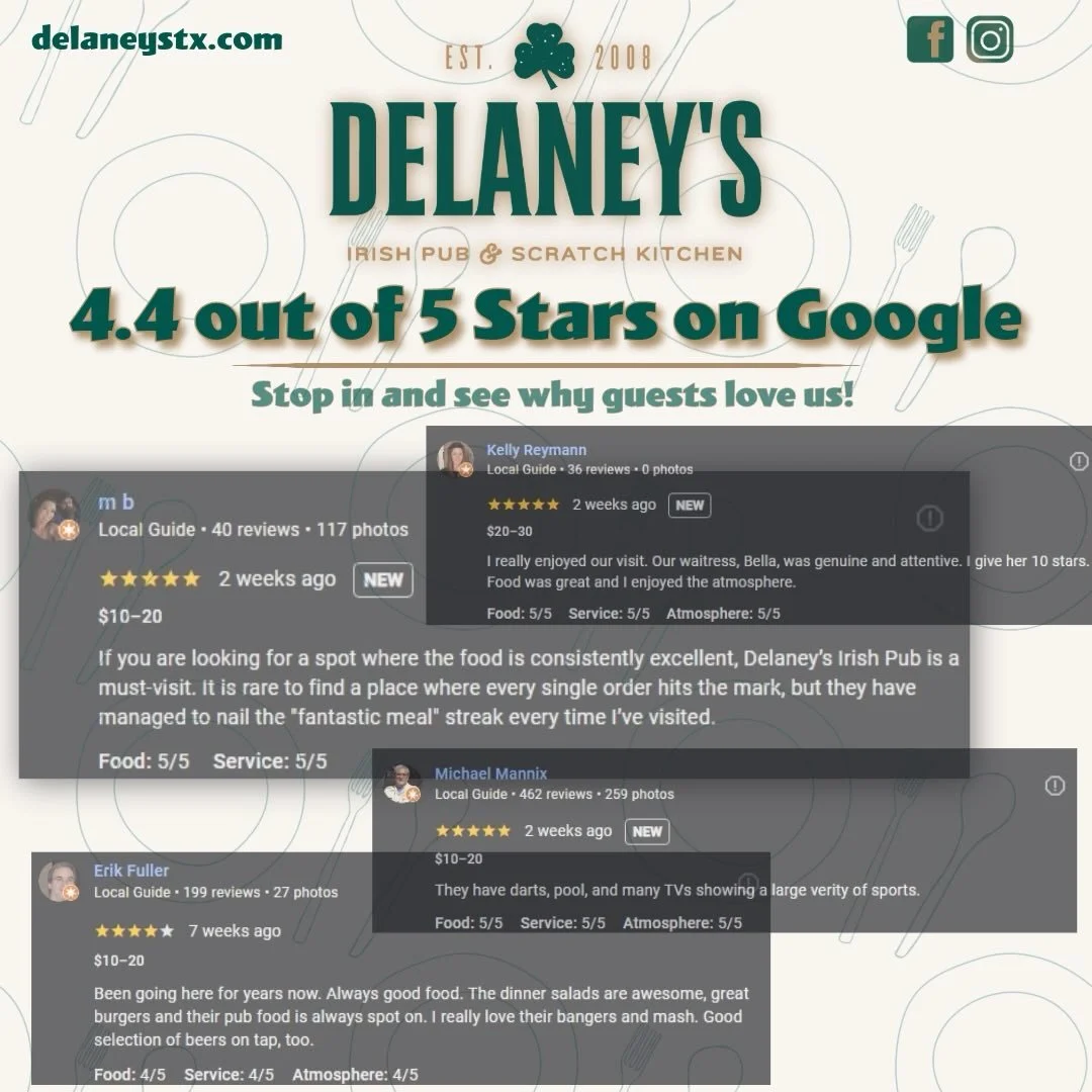 ⭐ Your kind words mean the world to us! ⭐

Every review you leave helps Delaney&rsquo;s grow, reach new guests, and continue doing what we love&mdash;serving great food, cold drinks, and creating a place where everyone feels welcome.

Had an amazing 