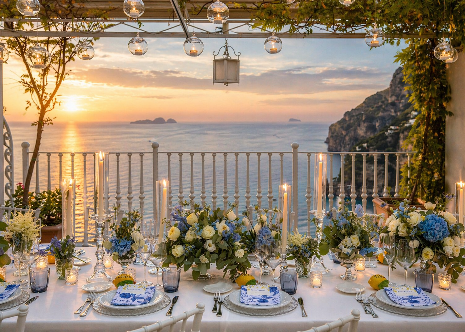 Luxury destination wedding reception table overlooking the Amalfi Coast at sunset with elegant floral arrangements and ocean views
