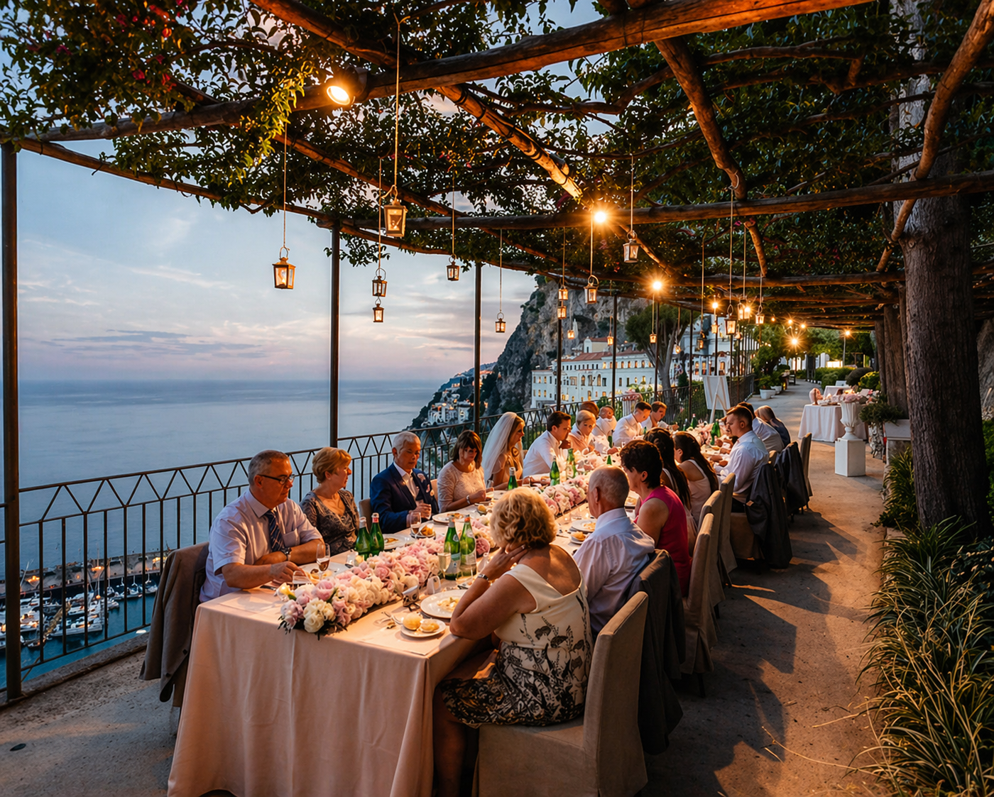 Intimate destination wedding dinner on a cliffside terrace in Italy with string lights and guests overlooking the Mediterranean
