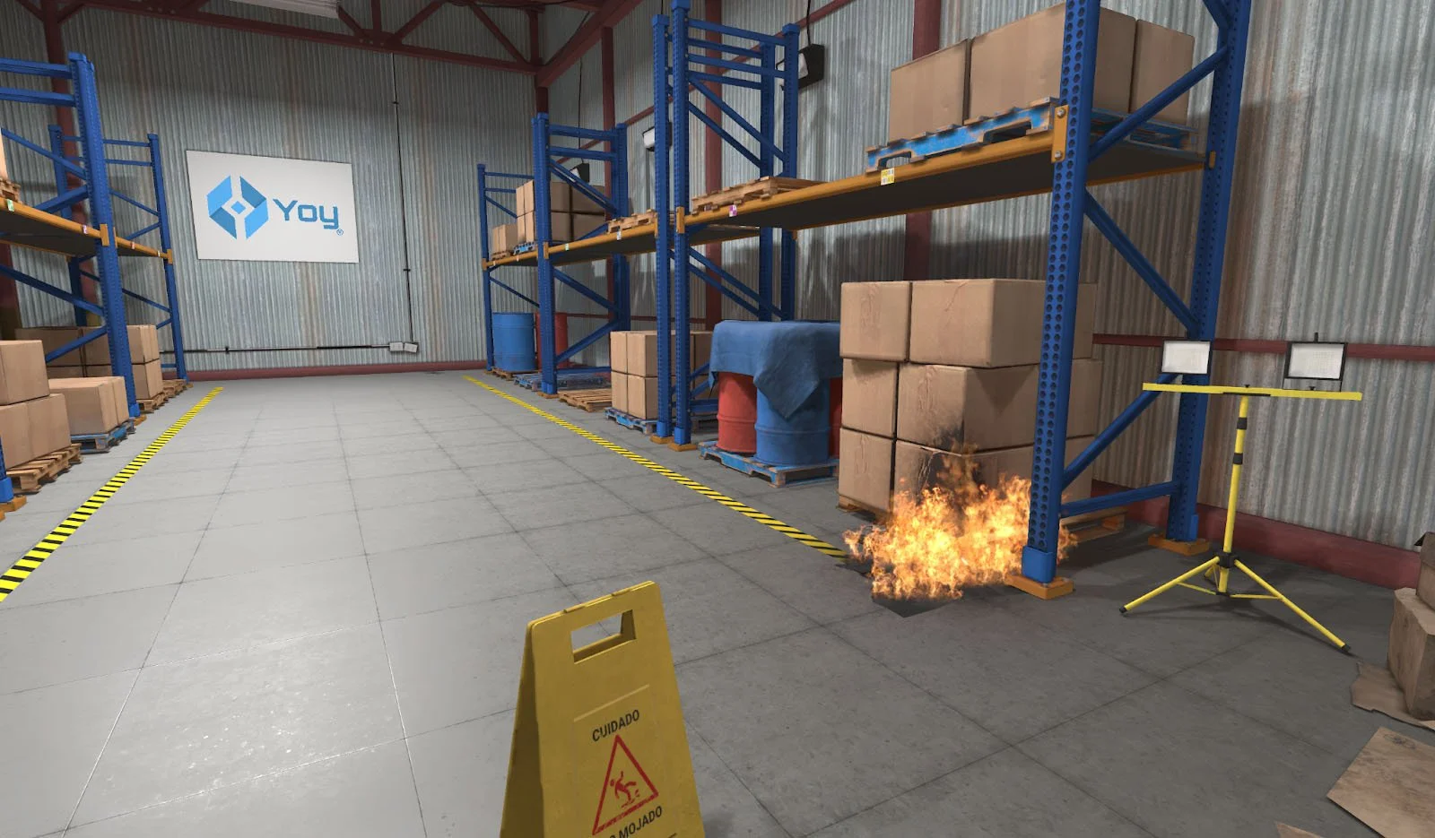 Warehouse interior with shelves of boxes, pallets, a fire on the floor, and a caution sign on the left.