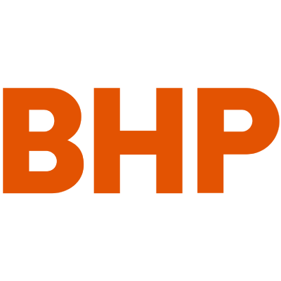 BHP logo in orange letters on a transparent background.