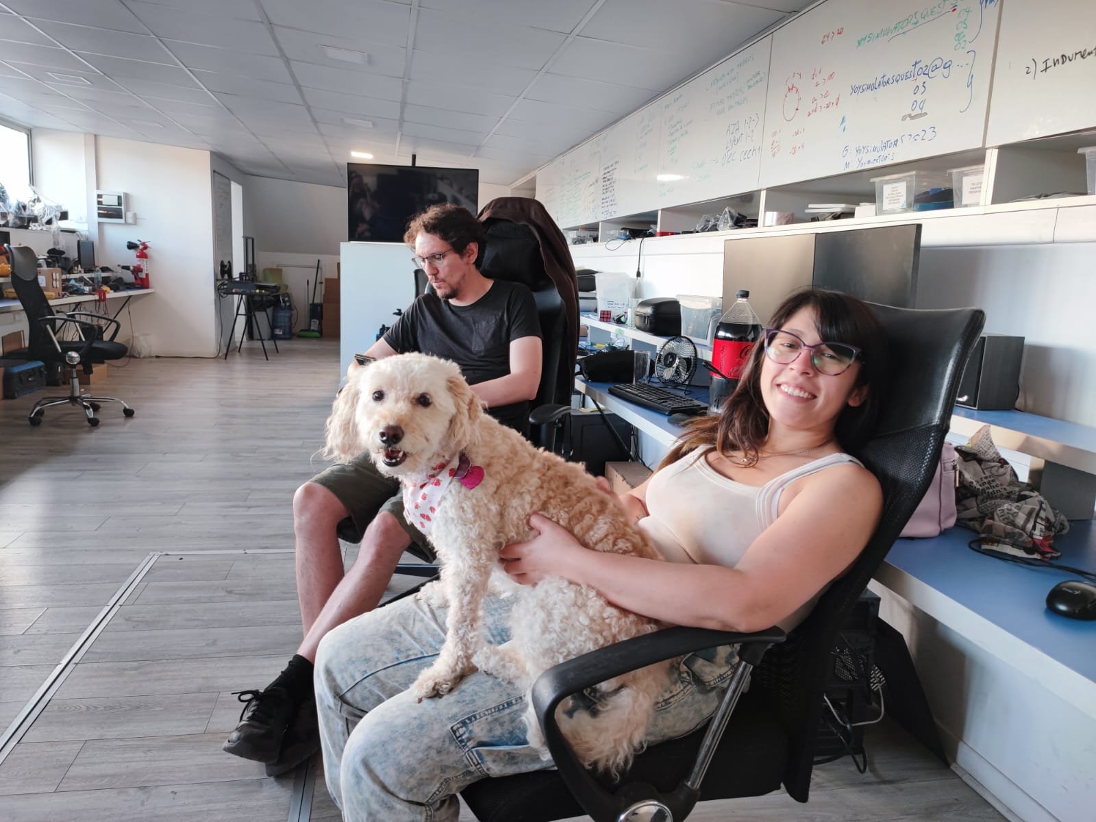 Office scene with two people sitting on chairs; one person holding a dog. Computers, desks, and a whiteboard are visible in the background.