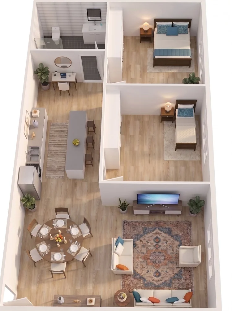 Artist rendering of a two-bedroom transitional housing unit