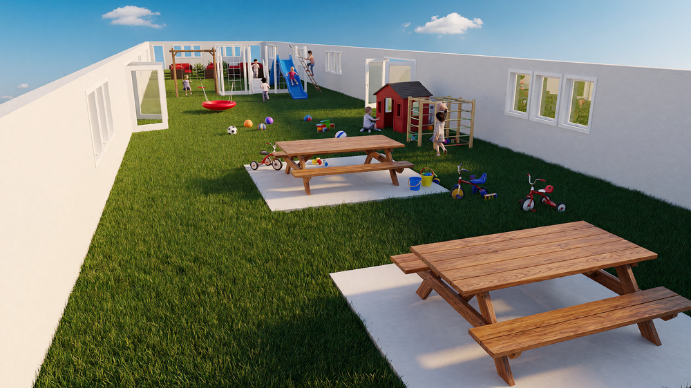 Artist rendering of the Thrive Center courtyard and children's play area