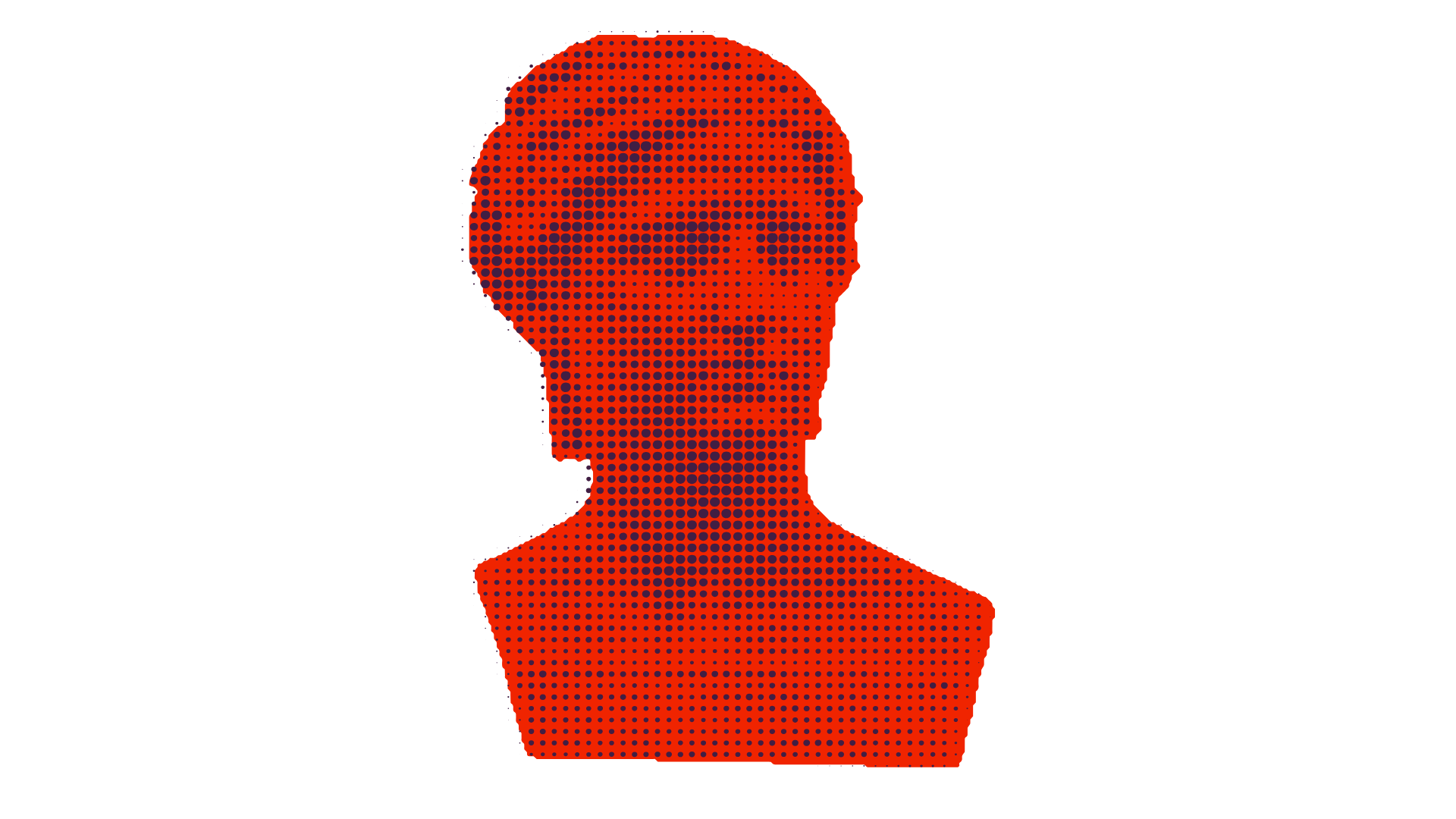 Halftone image of a person's silhouette with glasses, colored in red.