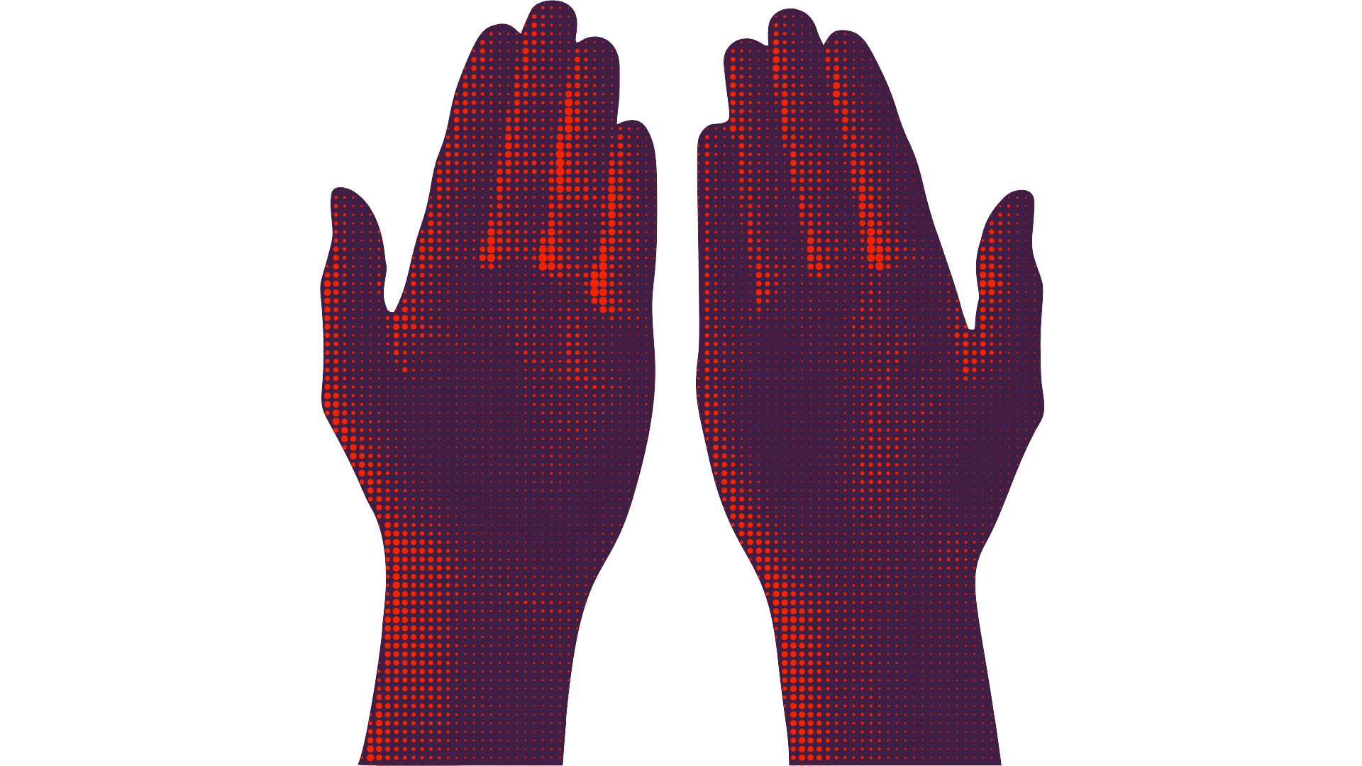 A graphic image of two hands raised with palms facing forward, created with red and purple dots on a black background.