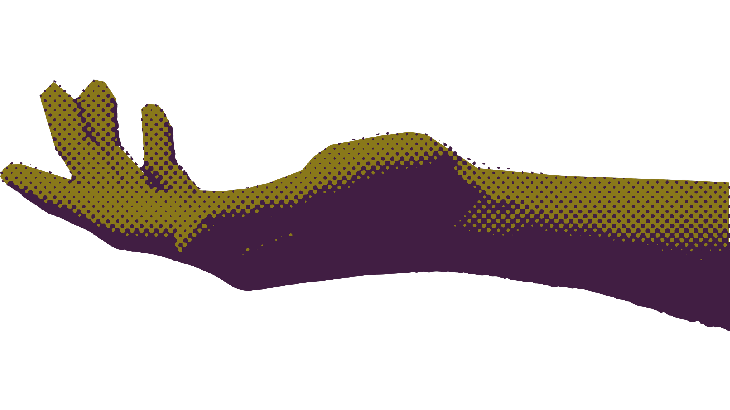 Stylized graphic of an outstretched hand with a wave in the background, rendered in a dotted halftone style with purple and olive green colors.