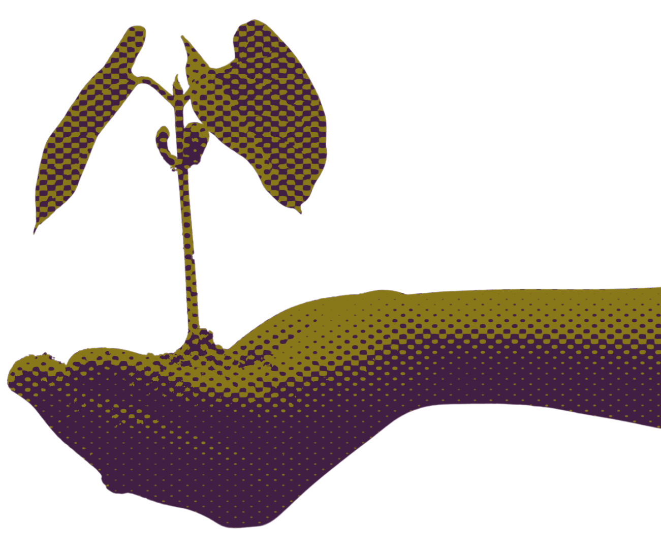 A dotted illustration of a hand holding a single stemmed flower against a black background.