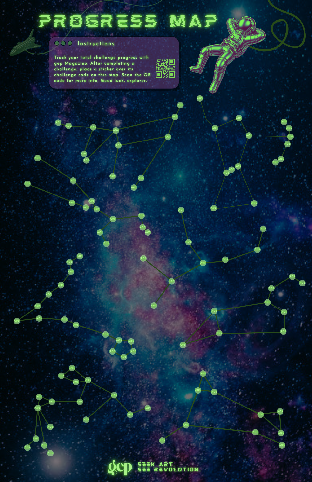 An outer space scene featuring a starry galaxy background with a network of green nodes labeled 'A05' connected by lines. A cartoon astronaut floats in space near the top right. There is a purple information box on the upper left with instructions, a QR code, and text about tracking challenge progress with a gep Magazine. The word 'PROGRESS MAP' is displayed at the top in neon green pixelated font. The bottom includes the 'gep' logo and the text 'STEK ART. GEEZ REVOLUTION.'