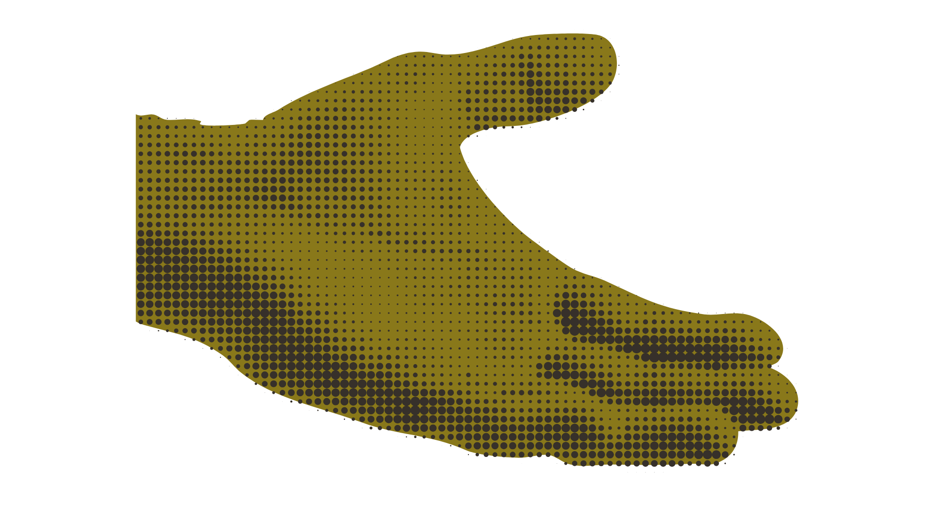 Halftone illustration of a hand with pointing finger, in black and gold colors.