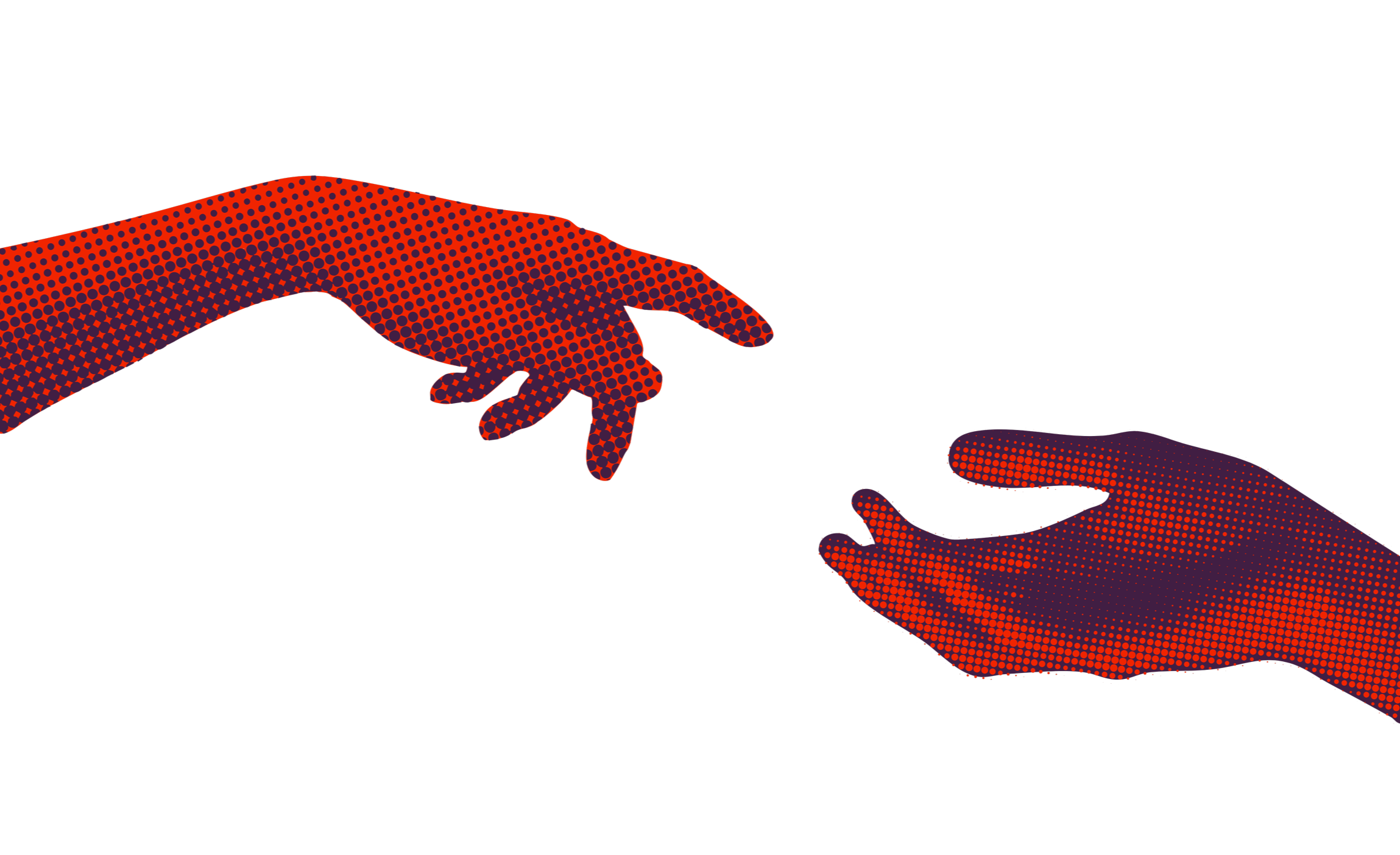 An illustration of two hands reaching towards each other against a black background, created with red and purple halftone dots.