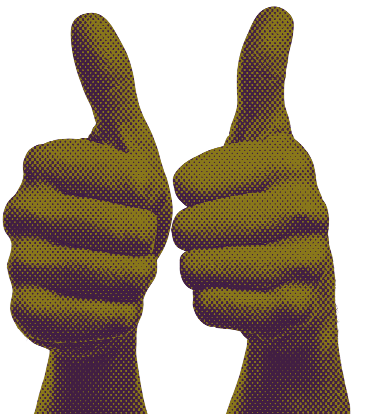 Two fists raised with thumbs up gesture, depicted in a dotted art style on a black background.