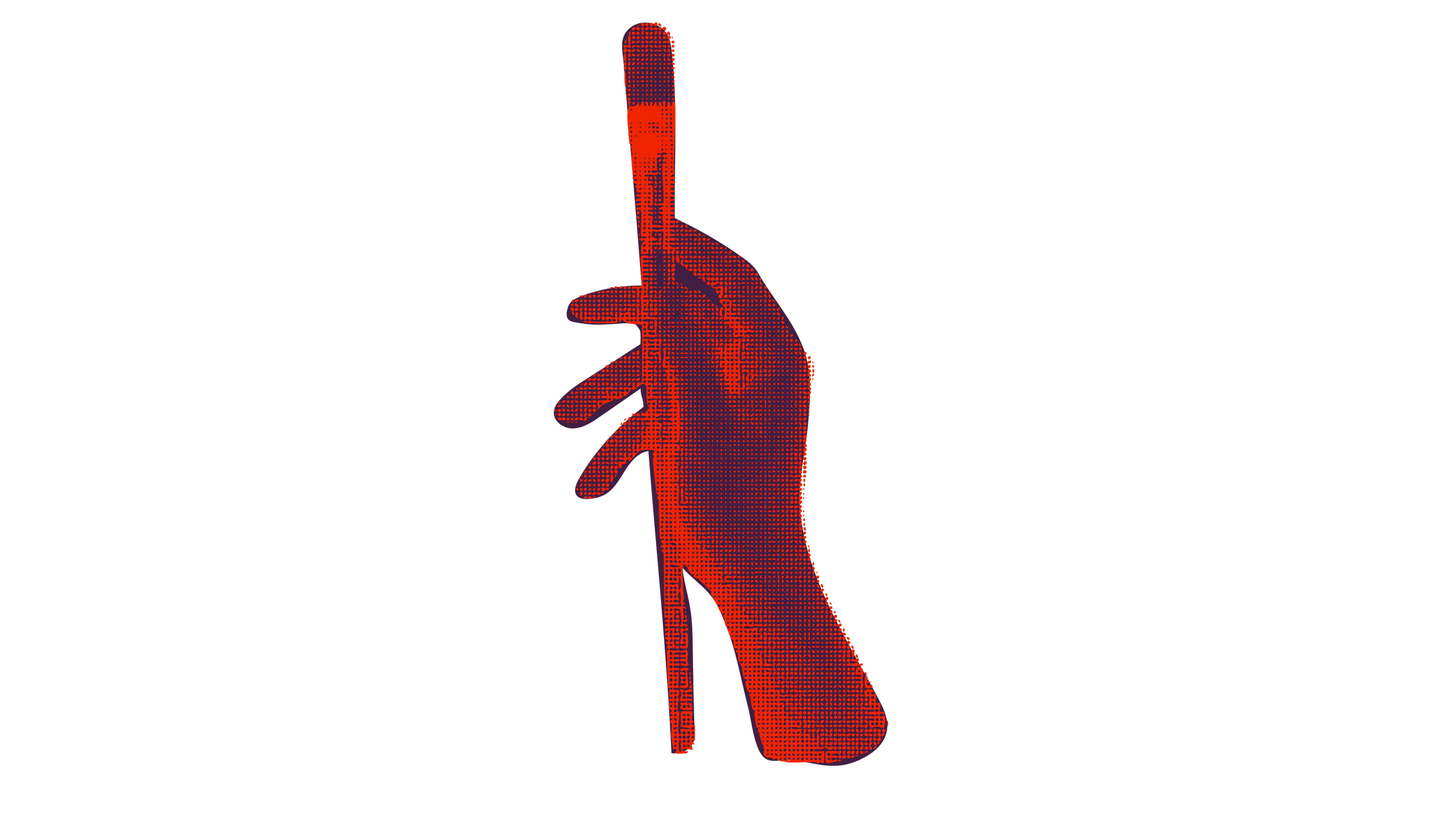 Illustration of a red hand with a finger pointing upward, made of pixelated dots against a black background.