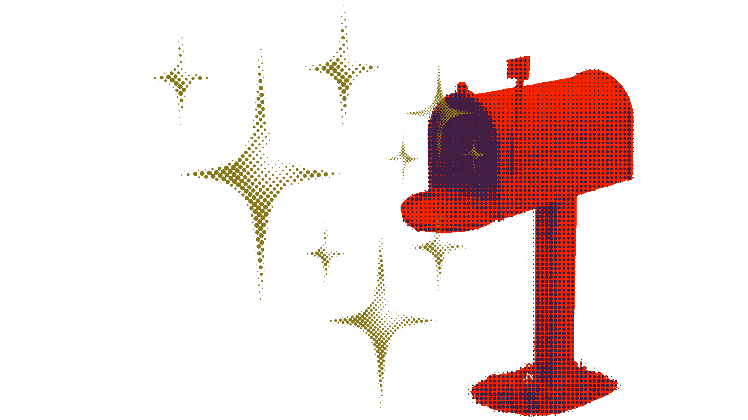 A stylized splash of yellow and purple sparkles with a large red number four in a halftone style.