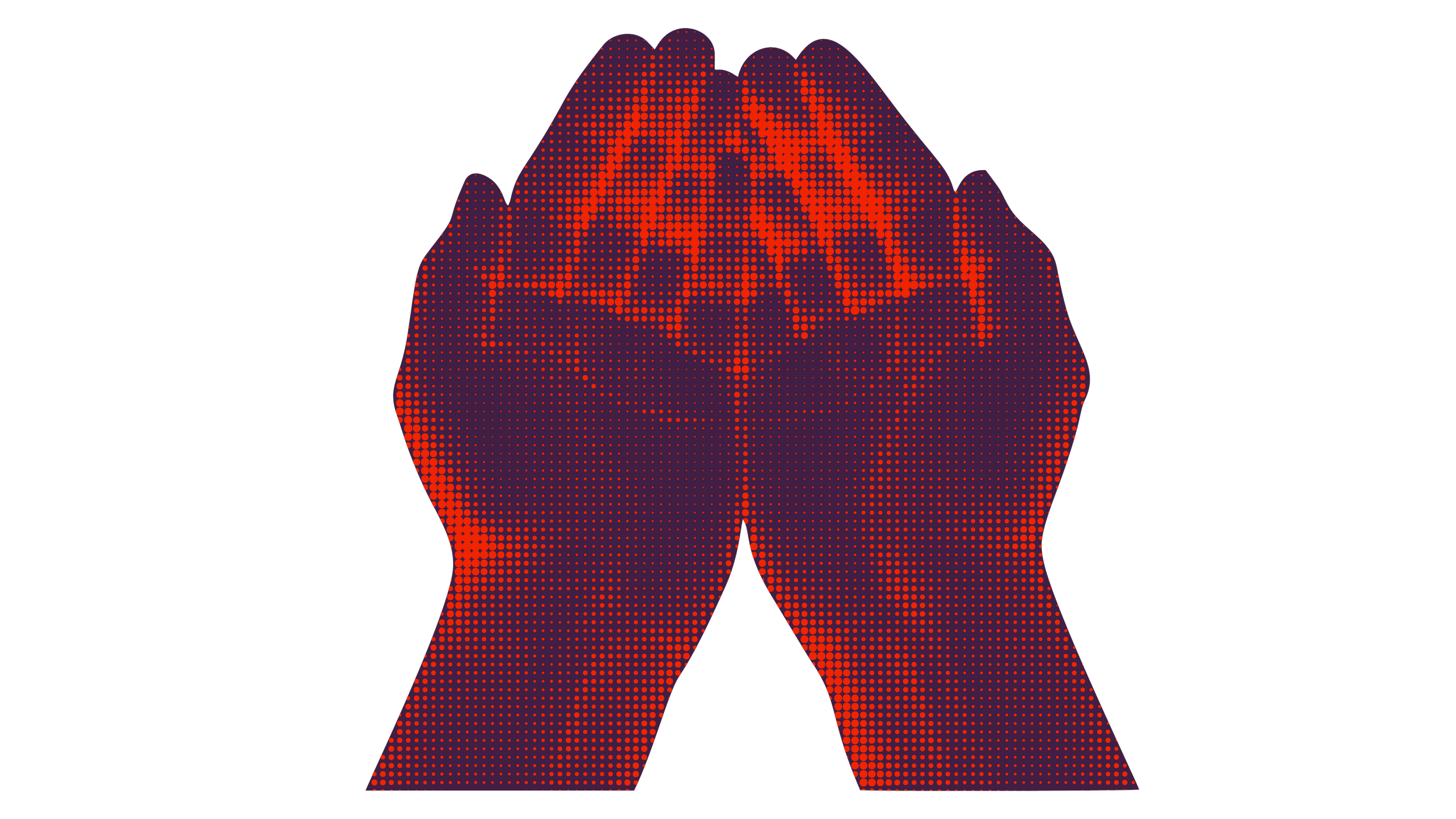 A digital illustration of two hands with palms pressed together in a prayer or greeting pose. The image is composed of red and orange dots on a black background, creating a halftone effect.
