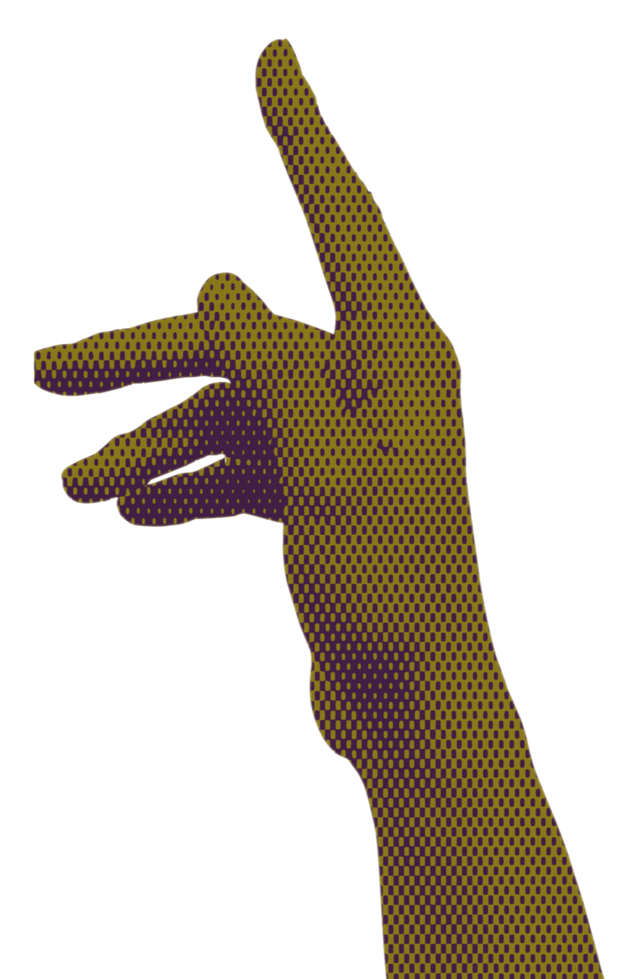 Pop art style of a hand with fingers in a pinching gesture, colored in purple and yellow dots.