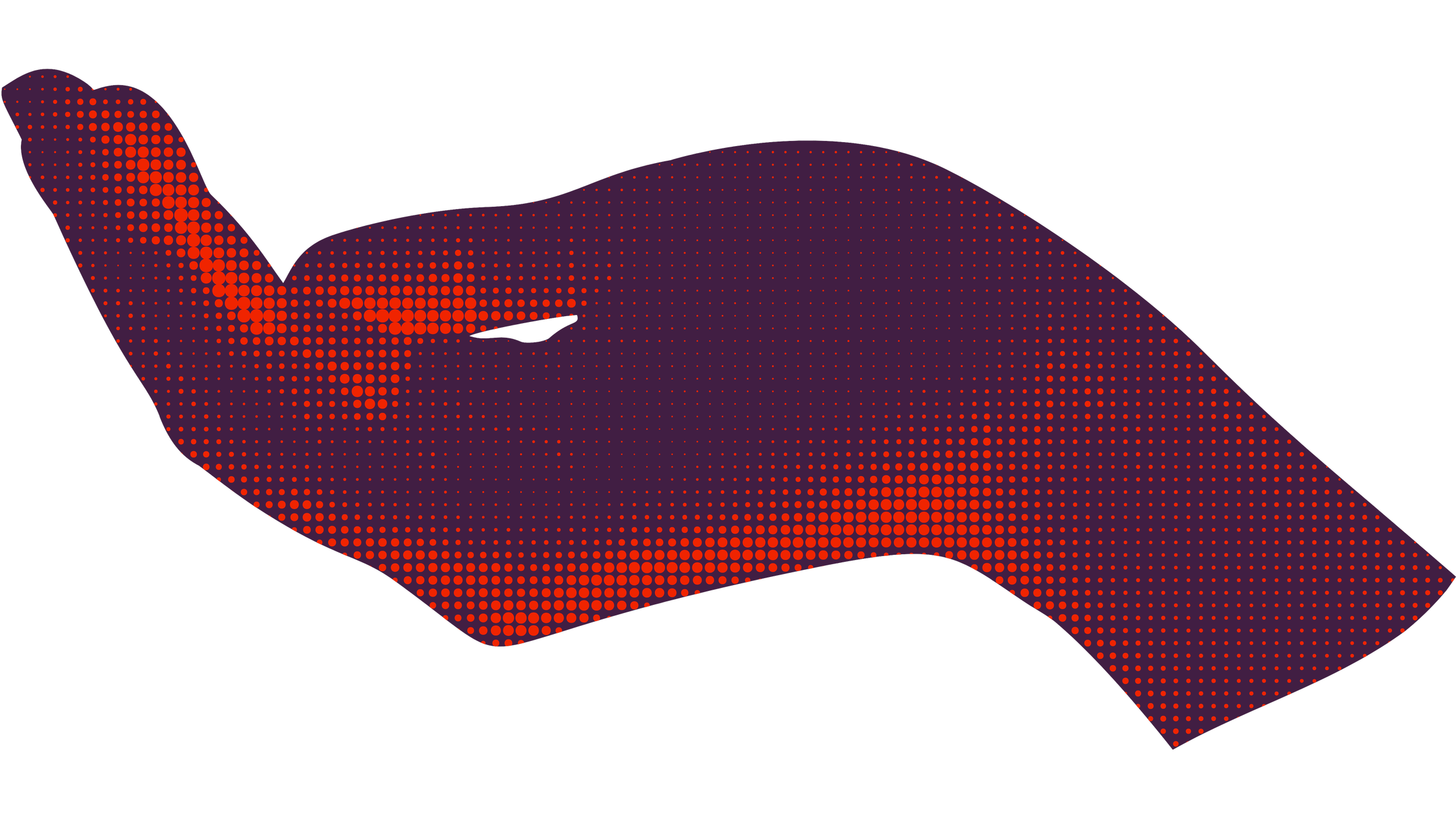 An illustration of a hand making the shushing gesture with index finger to lips, displayed in a halftone pattern with red and purple colors on a black background.