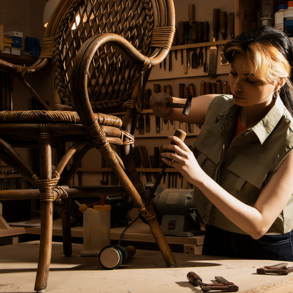 A woman repairs a wooden chair in a woodworking shop, surrounded by tools and wood materials.