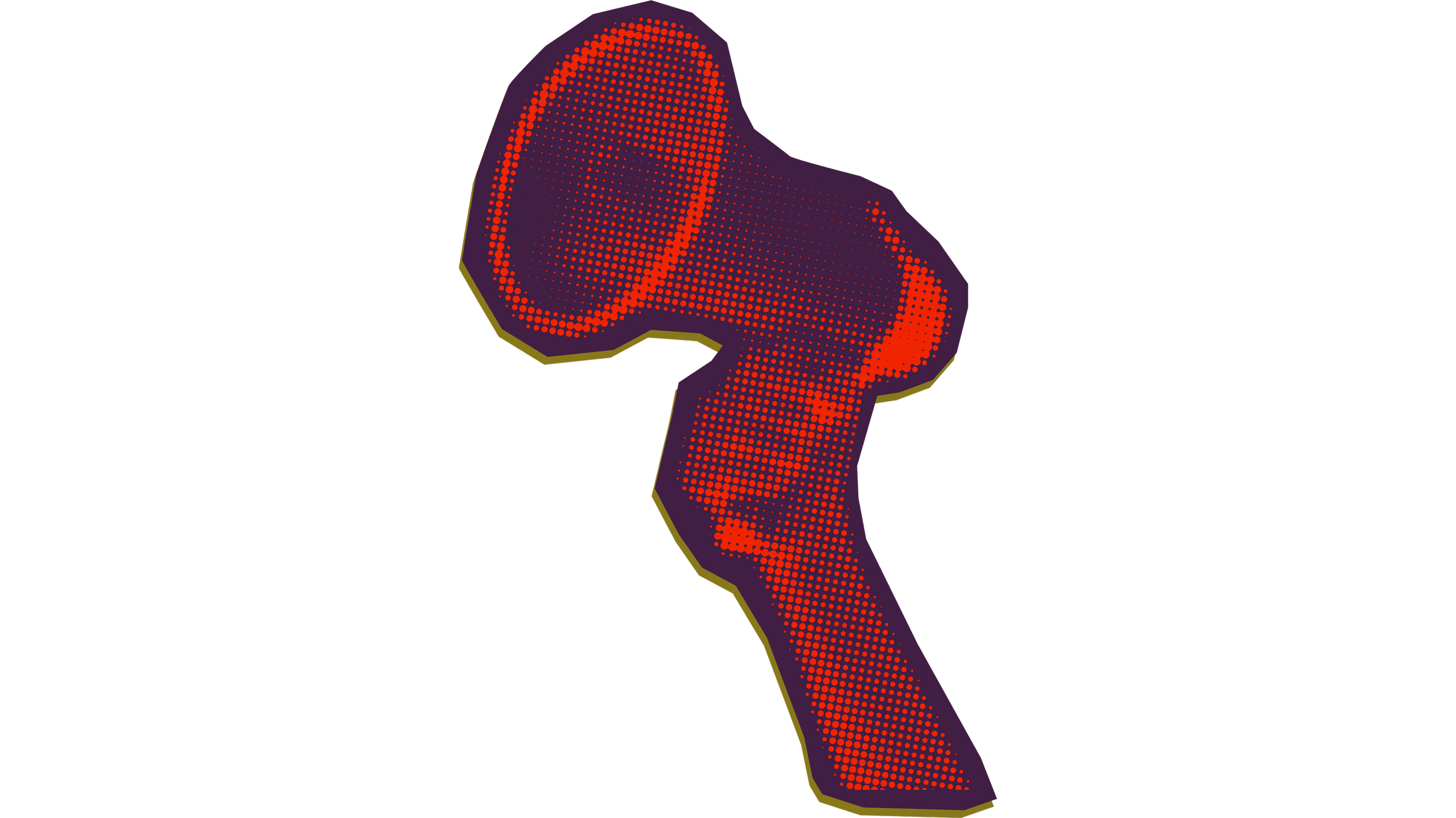 Digital illustration of a human hand in a pointing gesture, made of orange dots on a black background, with a gold outline.