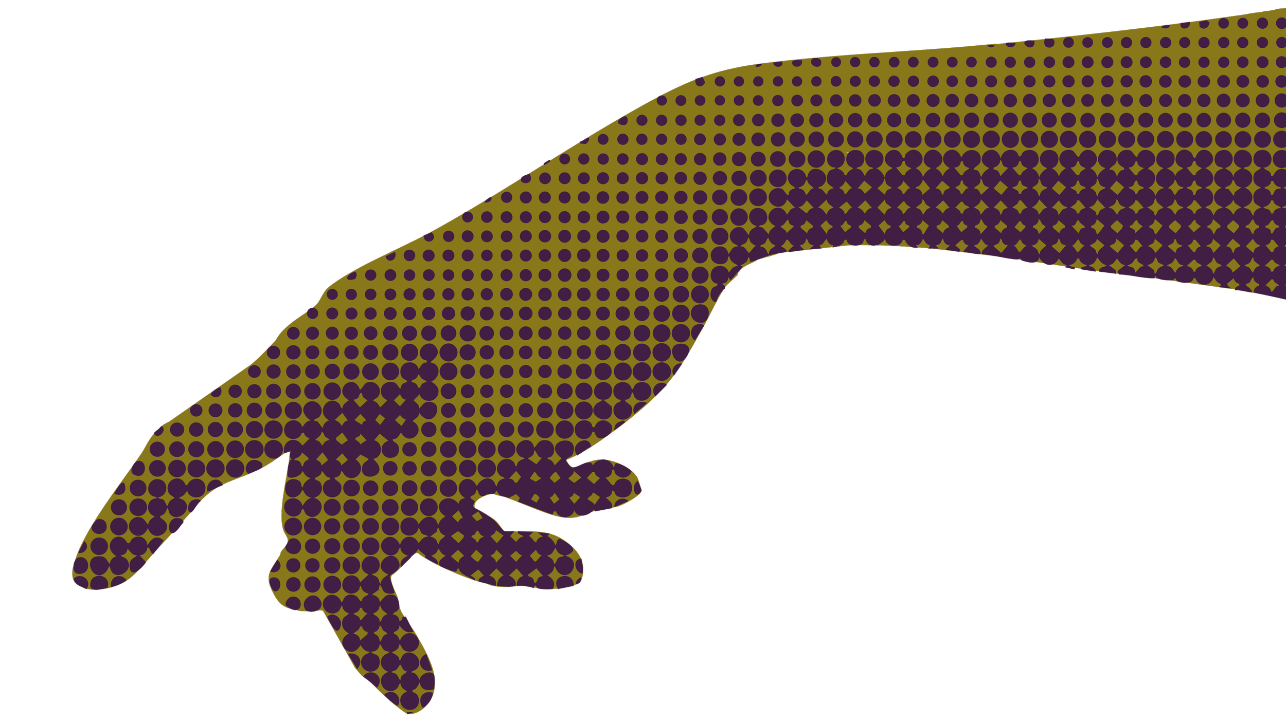 A stylized human hand in a pointing gesture, decorated with purple and yellow polka dot pattern on a black background.