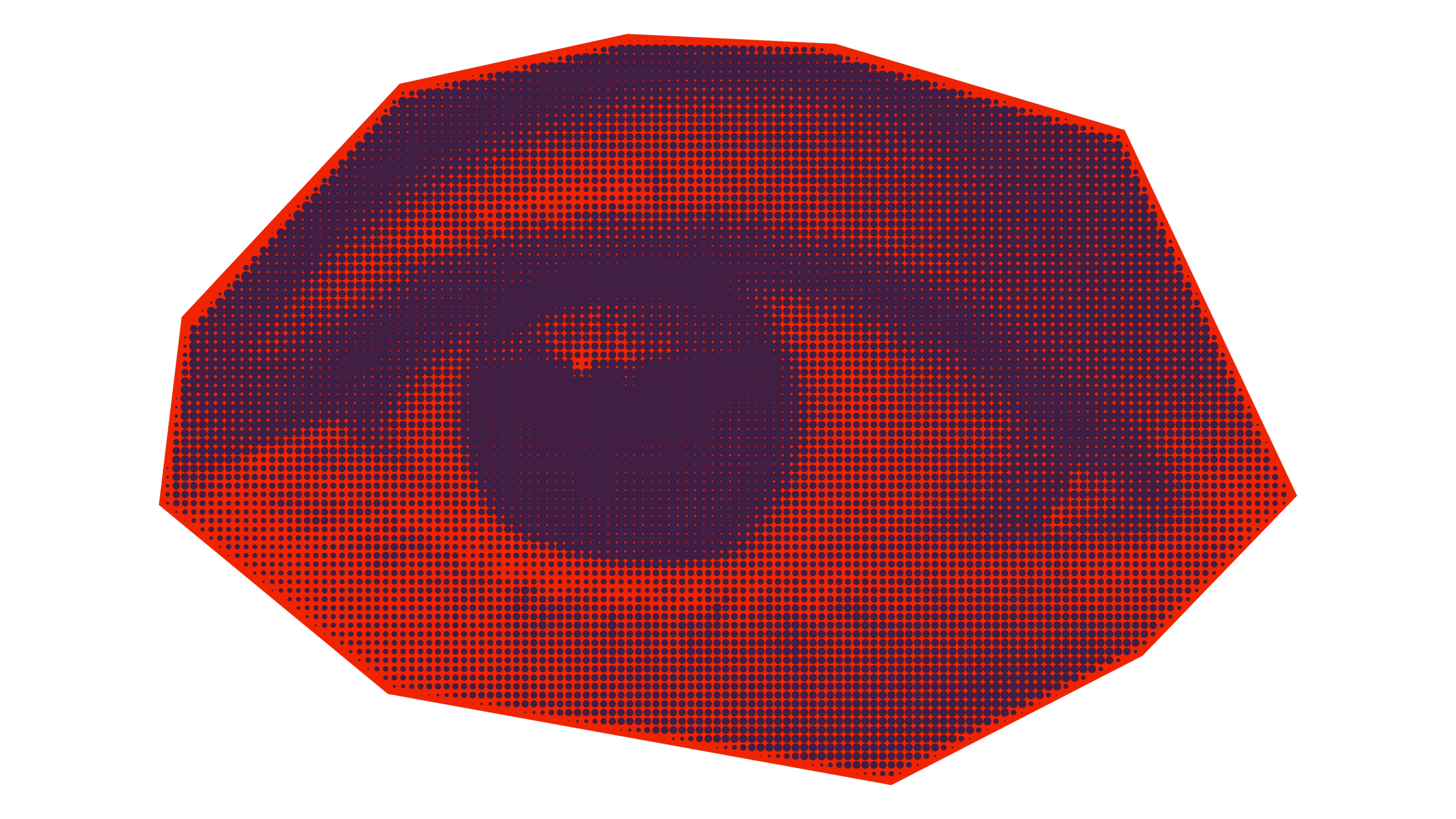 A computer-generated graphic of a red octagonal shape with a dotted pattern inside, on a black background.
