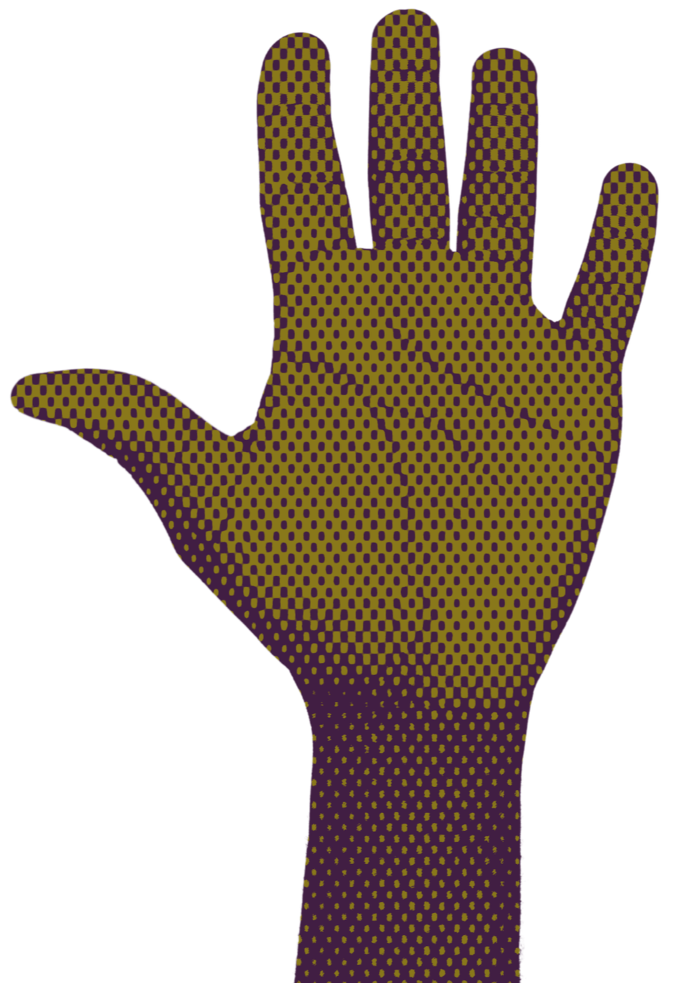 A stylized illustration of a hand with a dotted pattern in yellow and purple on a black background.