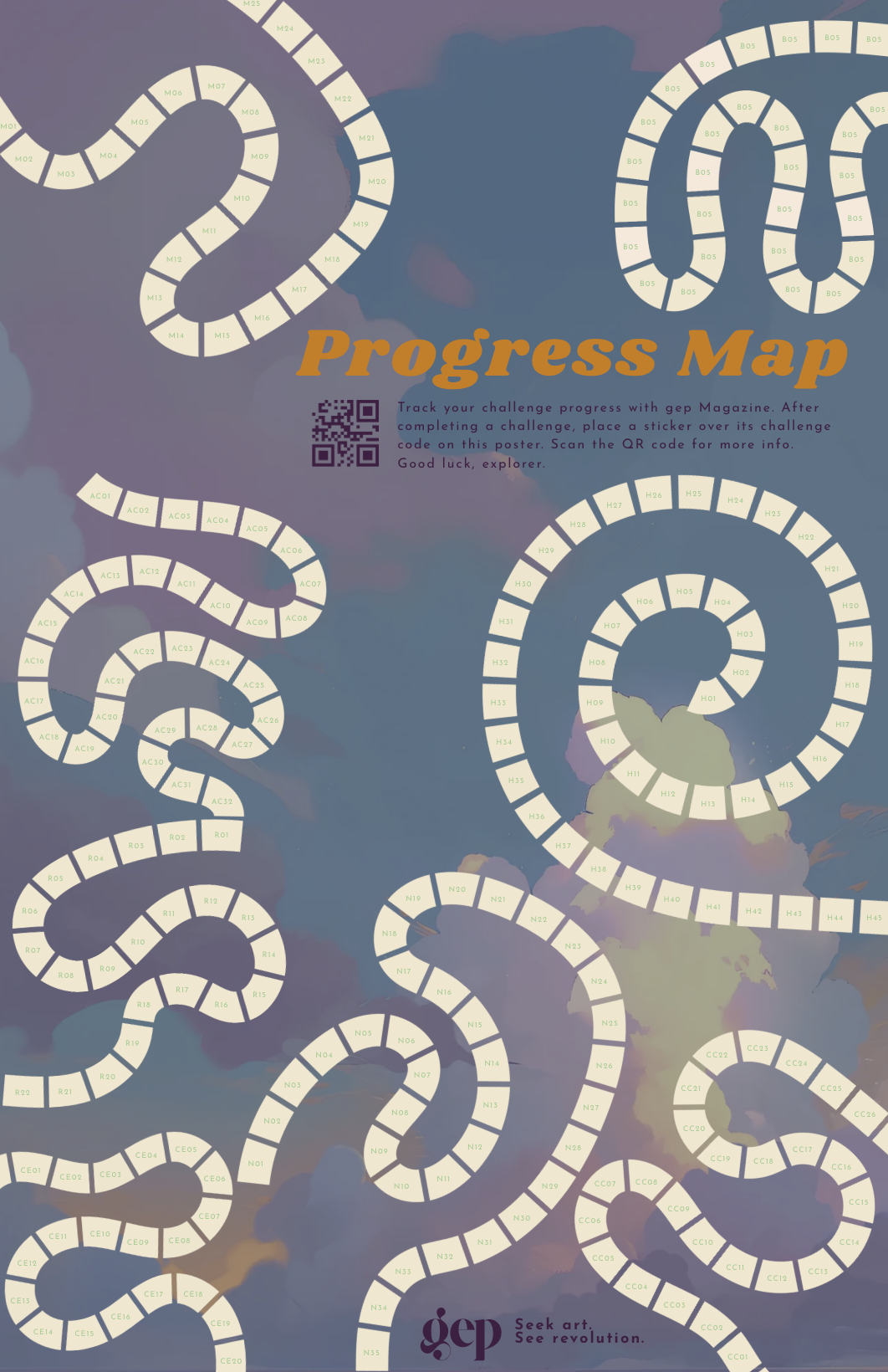 A colorful reward map with winding paths labeled with challenge codes, used to track progress in art exploration, featuring sections labeled with codes like M, A, R, N, C, and H, against a vibrant background and a QR code for more information.
