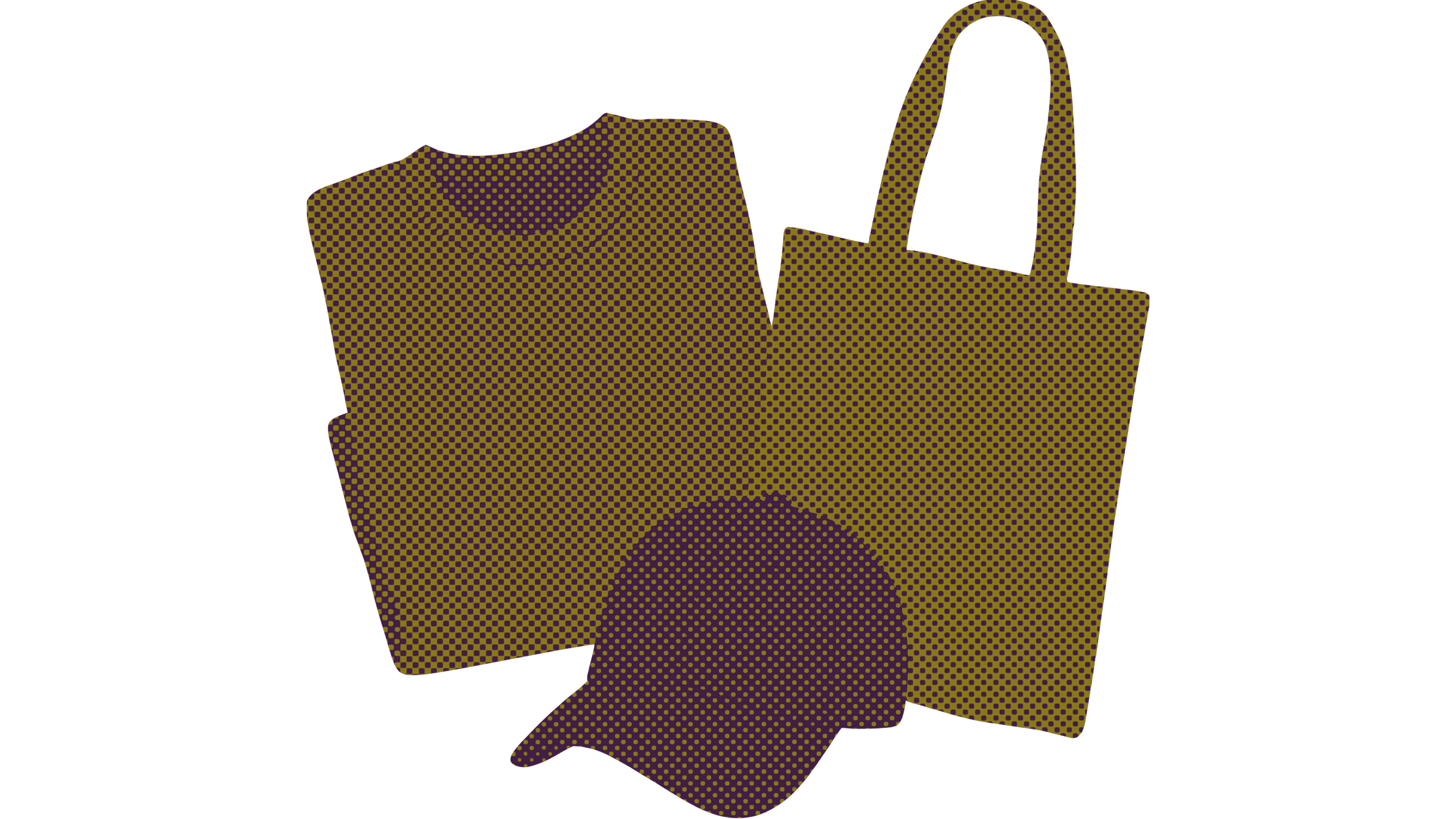 A black background with a purple and yellow-dotted outline of a t-shirt and a shopping bag.