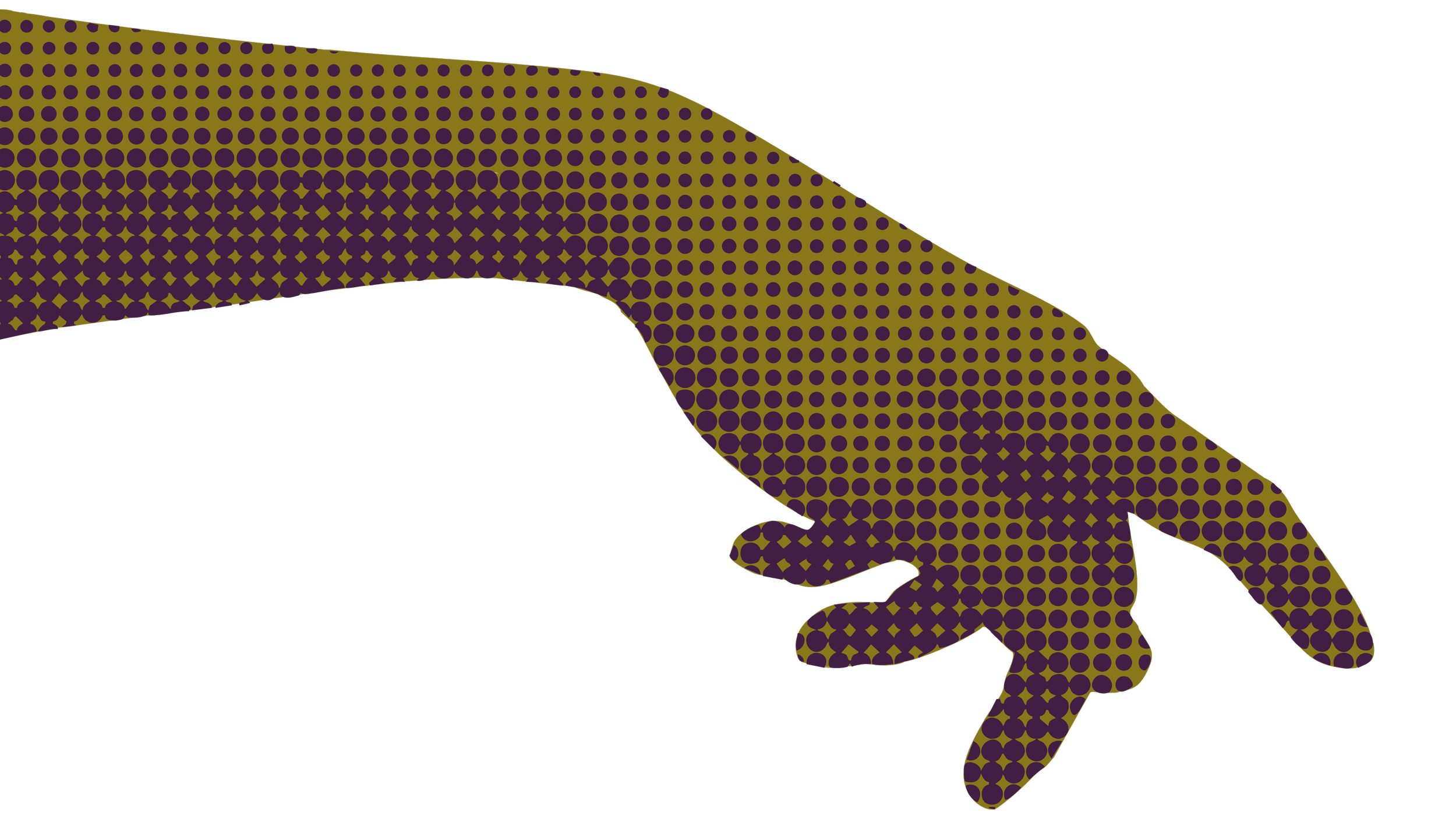 Silhouette of a hand with an extended finger pointing toward an object, against a black background, with a dotted pattern overlay in purple and gold.
