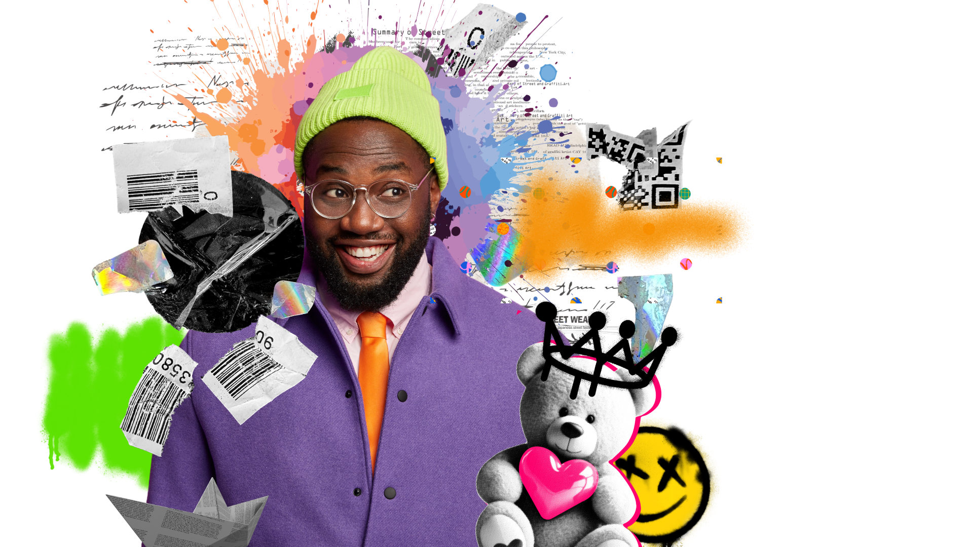 A joyful man with glasses and a neon green beanie, wearing a purple coat and orange tie, surrounded by colorful splashes, barcodes, QR codes, a teddy bear holding a pink heart, and graffiti-style smiley face.