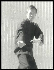 Person practicing martial arts stance against a striped wall background.