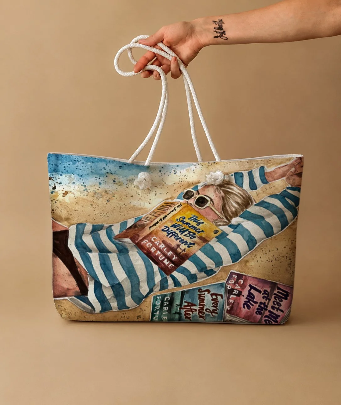 Carley Fortune books collection large beach tote | This Summer Will Be Different book beach tote.jpg