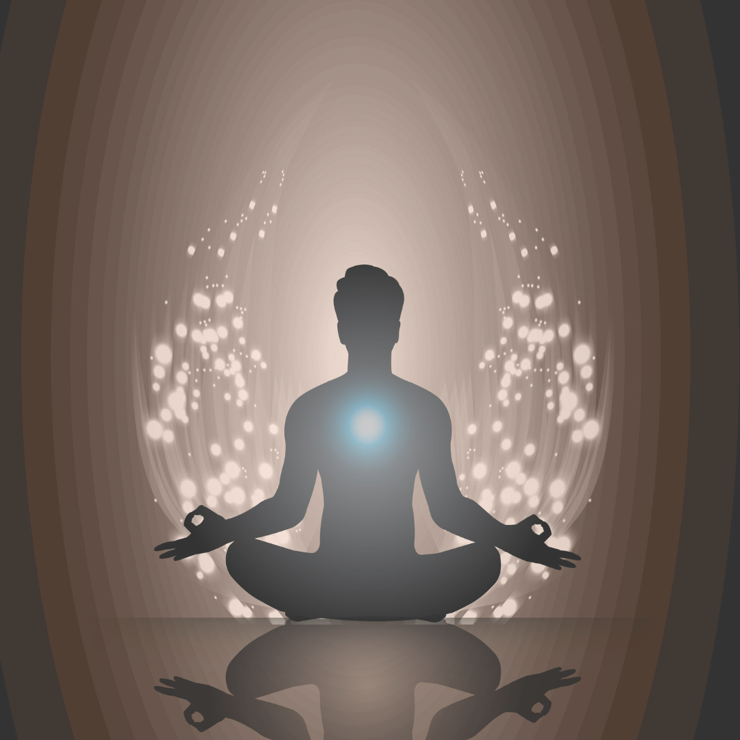 Silhouette of a person meditating in a cross-legged position with a glowing light on their chest, surrounded by sparkling light effects in a tranquil environment.