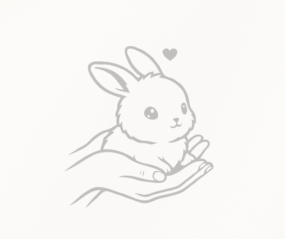 Line drawing of a small bunny being held in a hand with a small heart above its head.