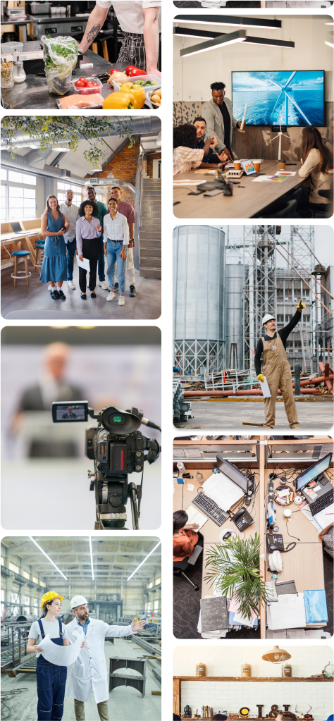 Collage d'images montrant diverses scènes: préparation culinaire avec légumes, réunion en salle de conférence devant un écran, groupe de personnes posant ensemble, ingénieur sur un site industriel, enregistrement avec une caméra, bureaux avec ordinateurs, travailleurs en casques de chantier discutant, et un plan de travail de cuisine avec étagères et ustensiles.