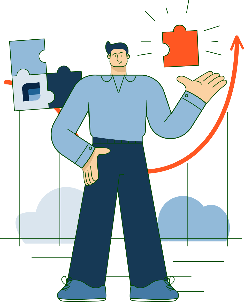 Illustration d'une personne en chemise bleue, tenant une pièce de puzzle rouge, avec des pièces de puzzle et une flèche en arrière-plan symbolisant la croissance et la résolution de problèmes.