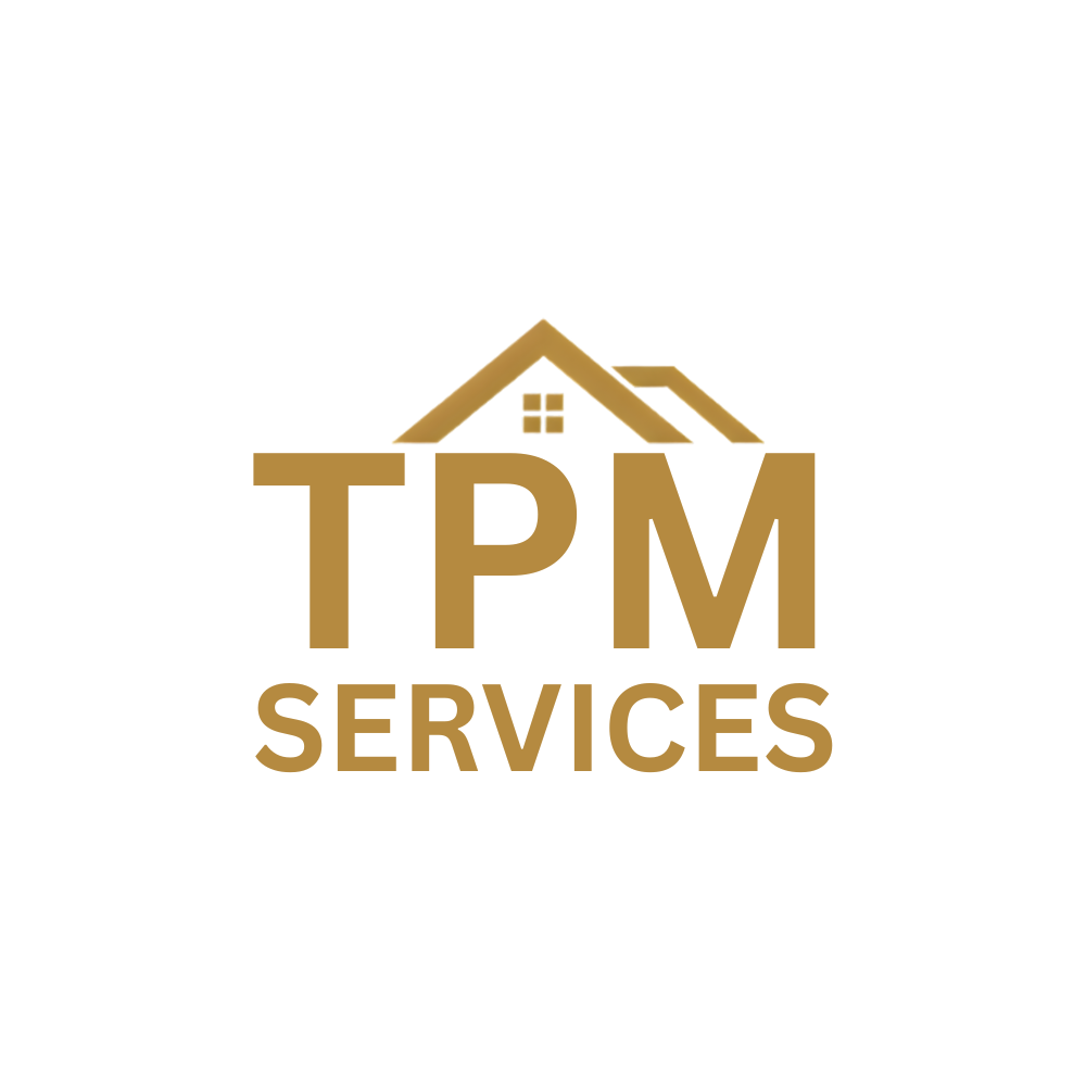 Logo for TPM Services featuring a stylized house and gold text on a white background.