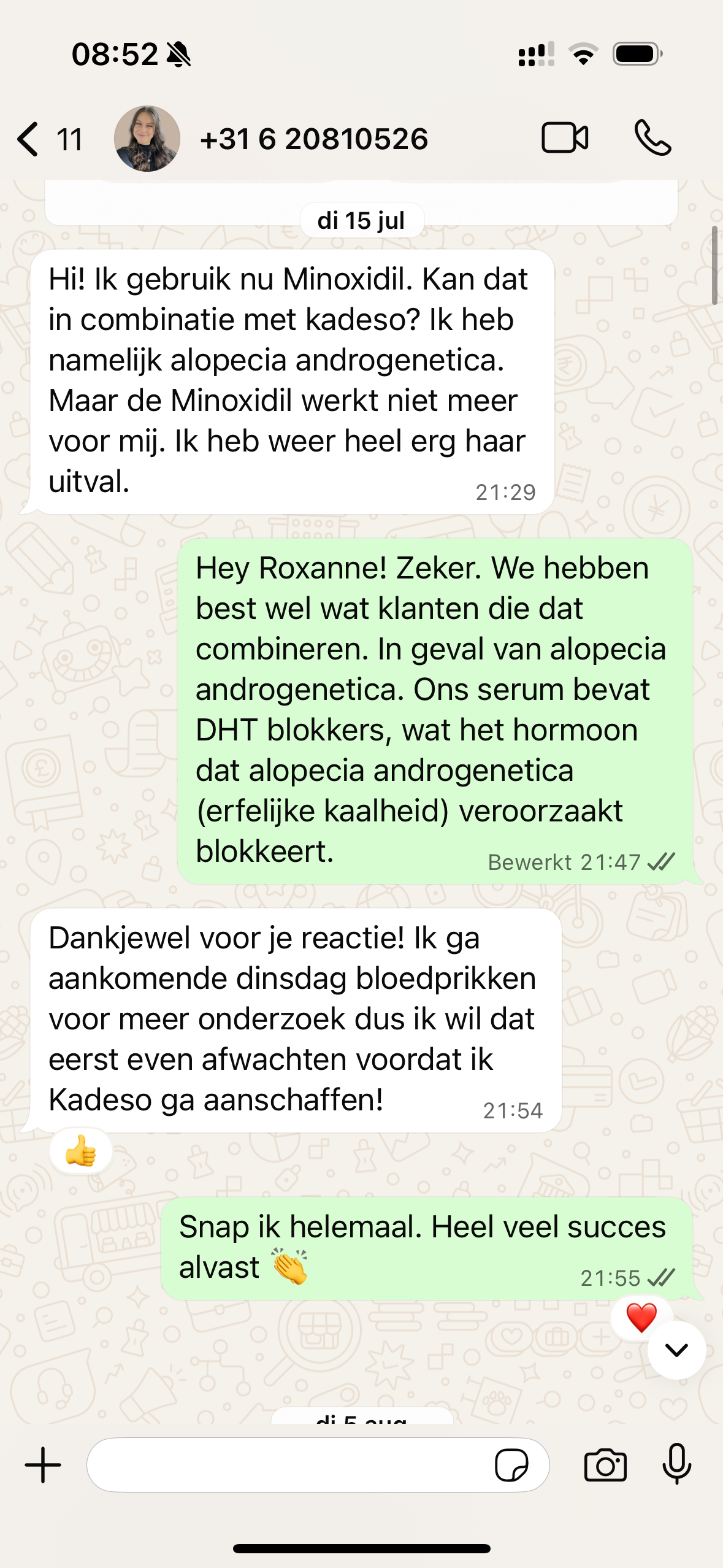 WhatsApp gesprek met KÁDESO support