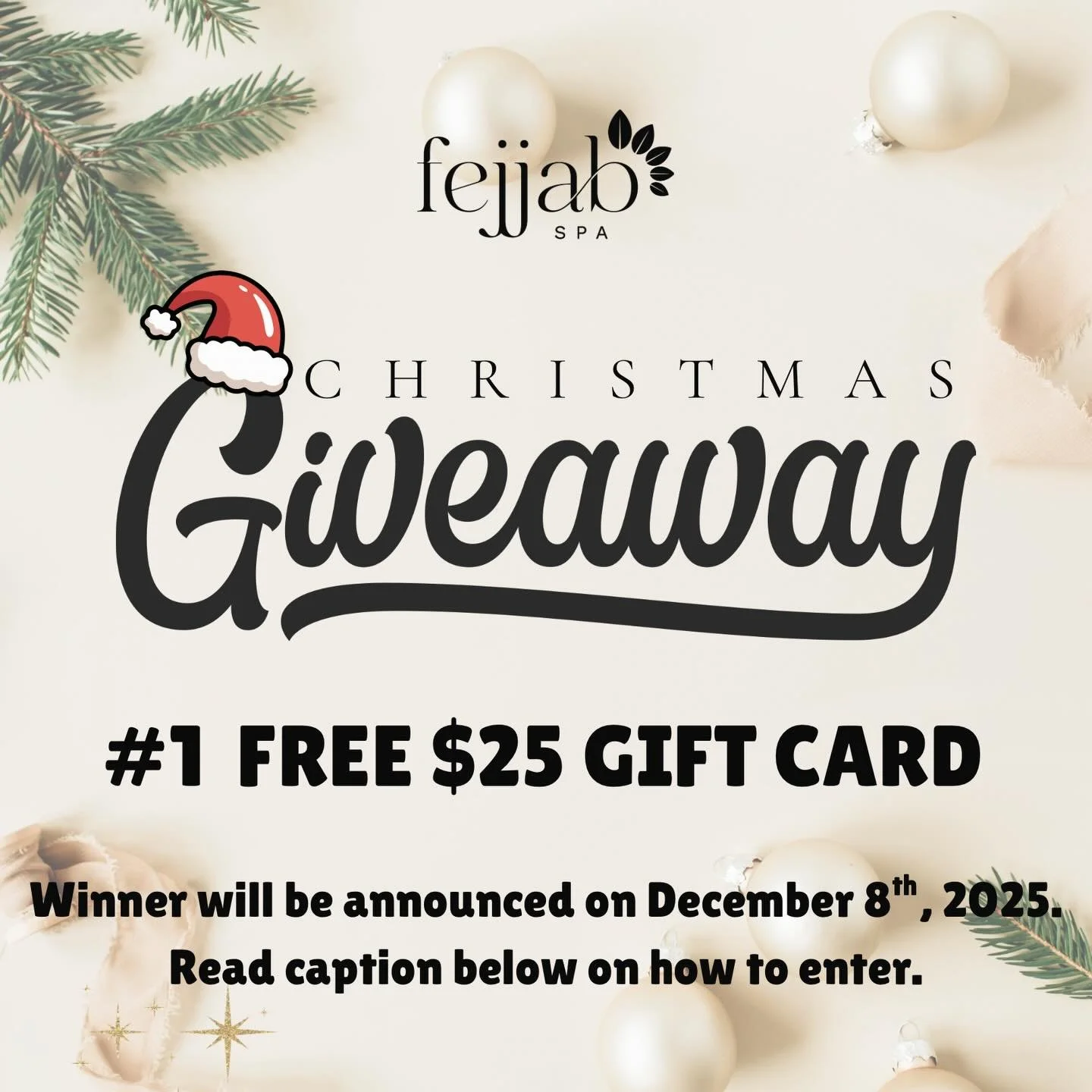PRIZE #1: A $25 FEJJAB SPA GIFT CARD! 🎁
Kick off the holiday magic with our first December giveaway prize! ✨💆&zwj;♀️

To enter:
❤️ Like this post
💬 Comment your favorite thing about Christmas
👯&zwj;♀️ Tag 3 friends who LOVE Christmas

One lucky w