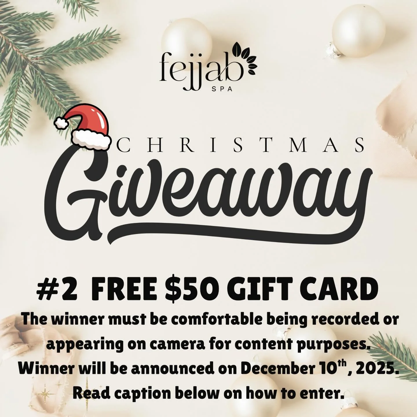 PRIZE #2: A $50 FEJJAB SPA GIFT CARD! 🎁
We&rsquo;re keeping the holiday magic going with our next giveaway! 🎄

How to enter:
✨ Follow us @fejjab_spa
❤️ Like this post
👯&zwj;♀️ Tag 3 friends
🎬 Comment your favorite Christmas movie

One lucky winne