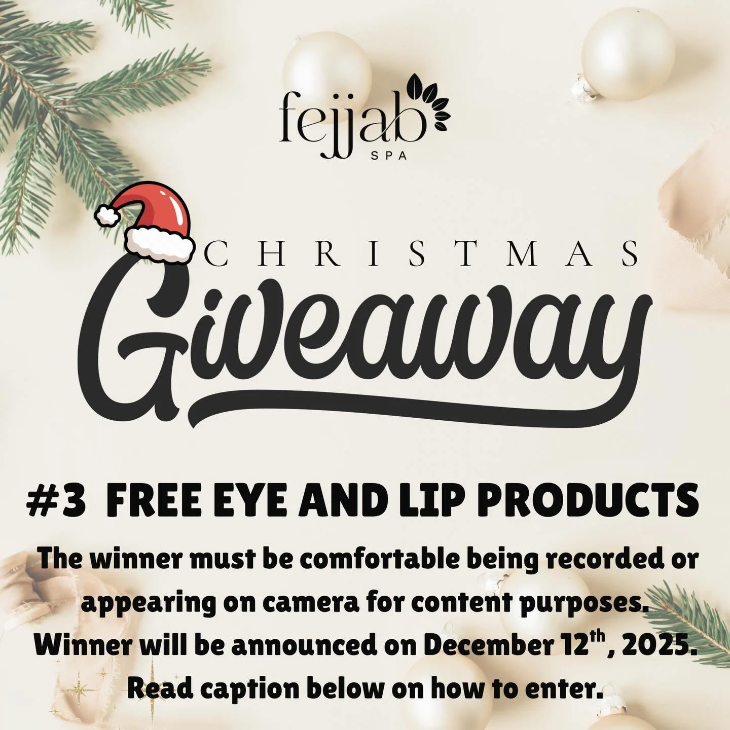 PRIZE #3: FREE EYE + LIP PRODUCT! 🎁
Our December giveaways just keep getting sweeter! 💄✨ Treat yourself (or a friend!) to this holiday beauty duo.

How to enter:
✨ Follow us @fejjabspa
❤️ Like this post
👯&zwj;♀️ Tag 3 friends who love Christmas
❄️