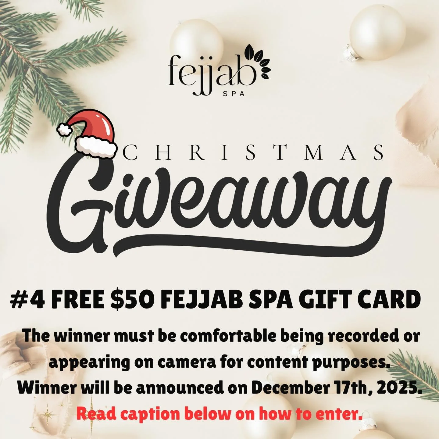 GIVEAWAY PRIZE #4: $50 FEJJAB SPA GIFT CARD! ✨🎁
Because the best holiday gifts are the ones that help you relax, glow, and unwind 💆&zwj;♀️✨

How to enter:
✨ Follow us @fejjabspa
❤️ Like this post
👯&zwj;♀️ Tag 3 friends
🎄 Comment: What&rsquo;s one