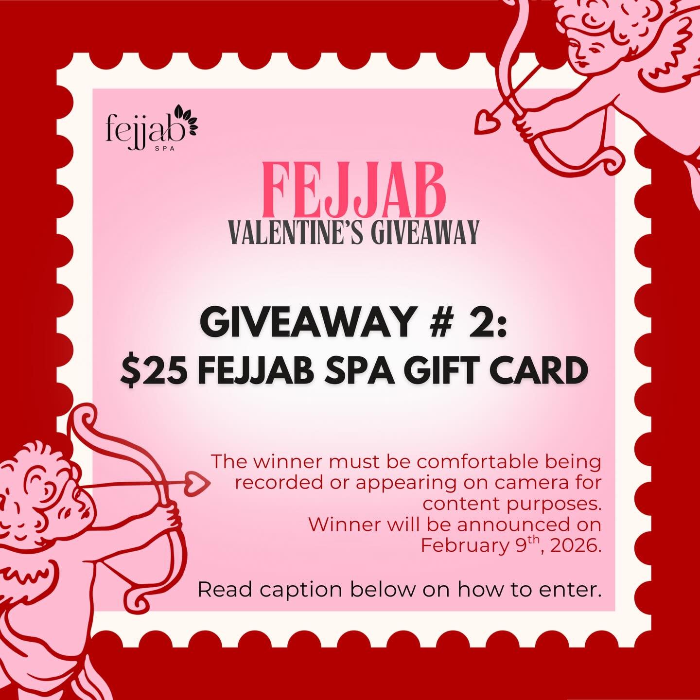 FEJJAB VALENTINE&rsquo;S GIVEAWAY &mdash; PRIZE #2 💘

We&rsquo;re giving away a $25 Fejjab Spa gift card 🤍
Perfect for a little self-care, a thoughtful gift, or a Valentine treat.

⸻

💝 HOW TO ENTER

1️⃣ Follow @fejjab_spa
2️⃣ Like this post
3️⃣ T