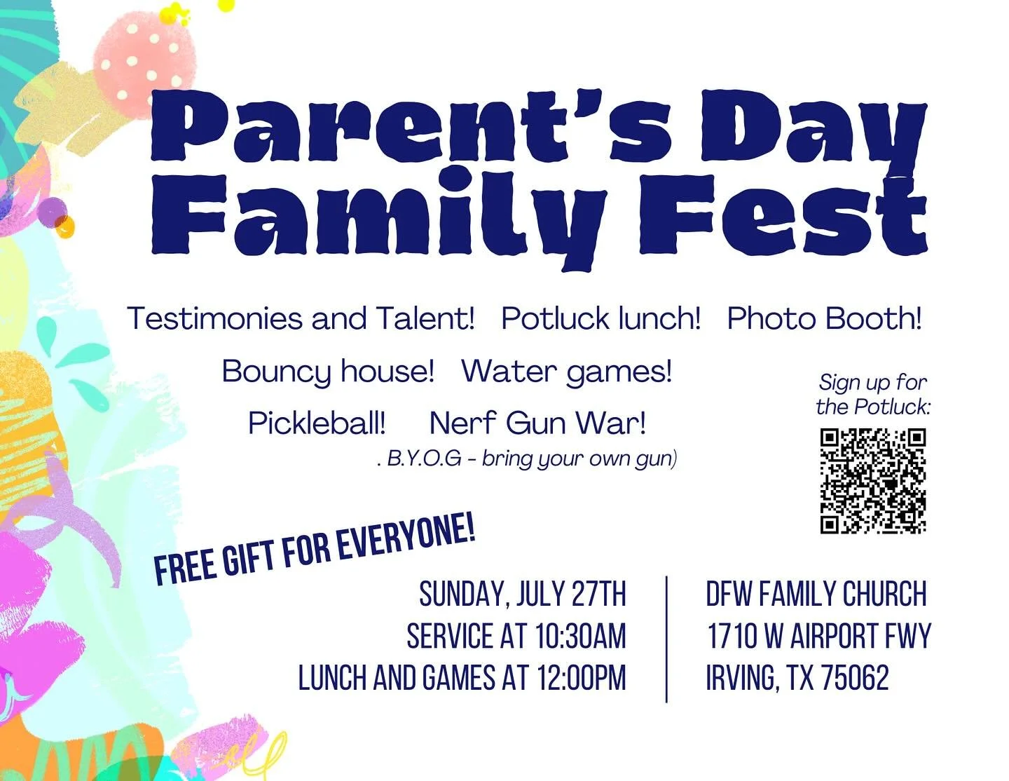 Join us to celebrate Parent&rsquo; Day, a day to truly appreciate the love that our parents have invested in us! Please sign up to bring food! It is potluck style so we accept anything in order for us all to enjoy the delicious food that will fuel us