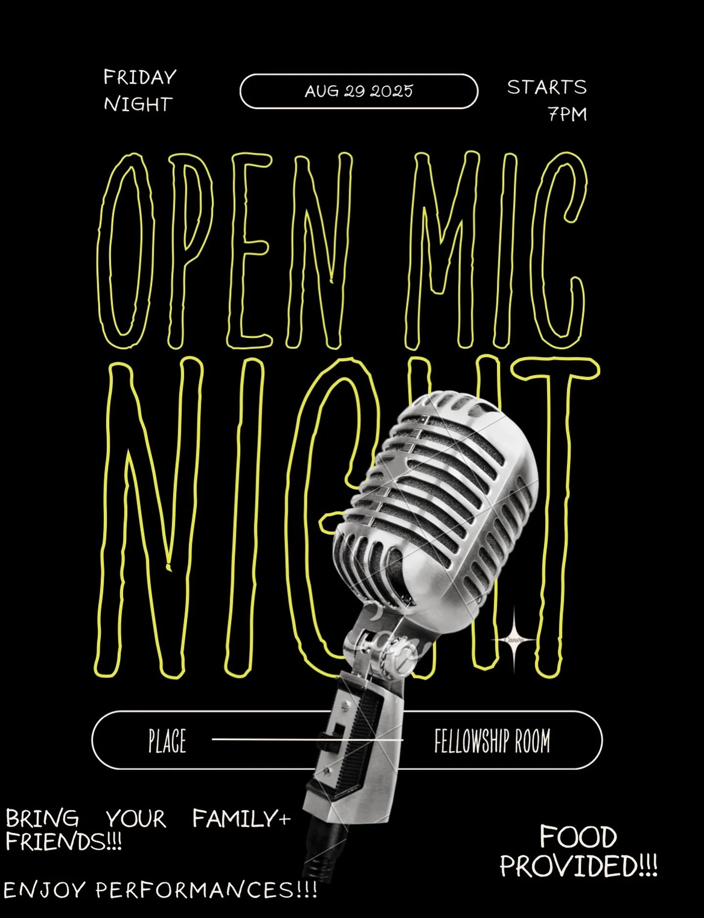 We are bringing back OPEN MIC at the DFW Family Church! Join us at 7pm, THIS FRIDAY, to enjoy performances from your fellow brothers and sisters! 🥰🙌🏻🎶