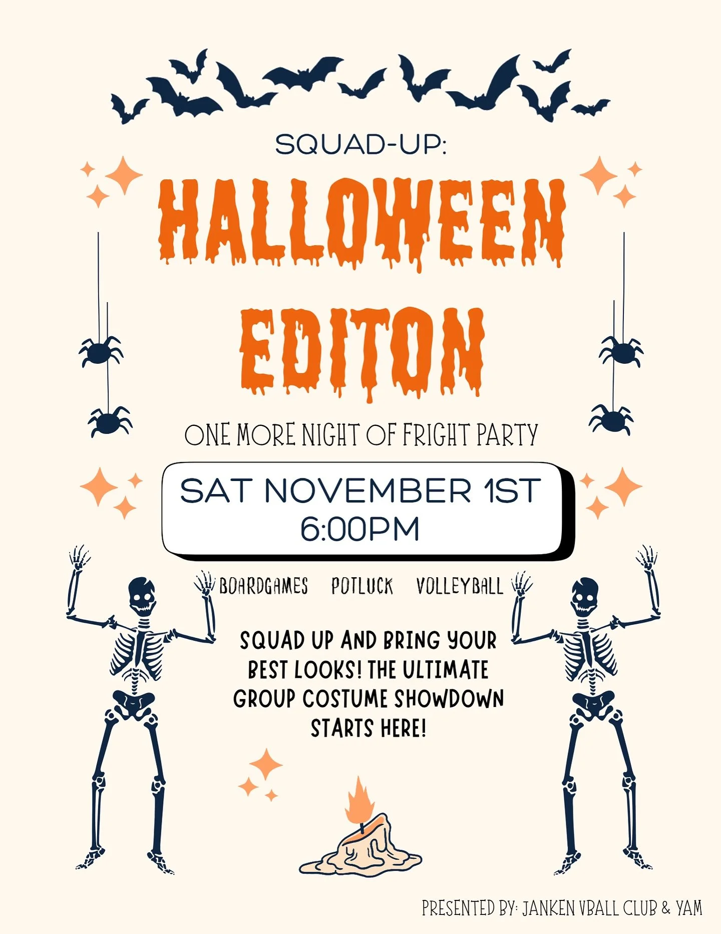 JANKEN VBALL x YAM COLLAB! 

Join us for board games + volleyball while being dressed up in a costume!

🚨 IMPORTANT*** You have to bring a food/drink item that starts with the first letter of your name&rdquo;

Hope to see 🫵🏻 there!!!